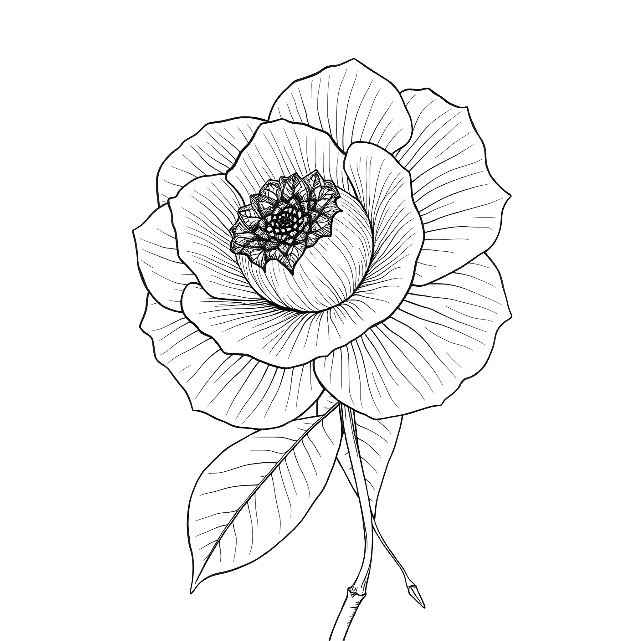 Camellia Flower in Elegant Botanical Illustration Coloring Page (free black-and-white line drawing printable PDF for all, from beginners to advanced learners, including children, teens, adults, and seniors)