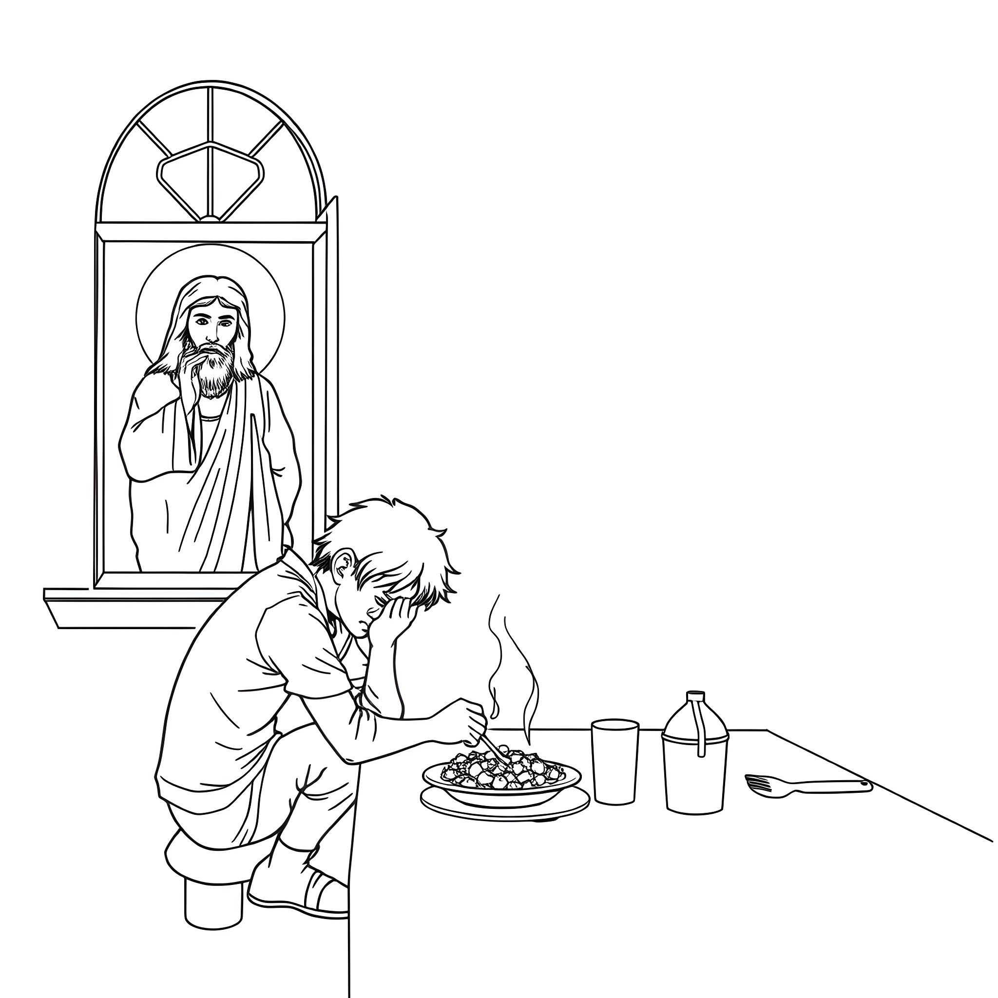 Case of a boy praying before a meal Coloring Page (free black-and-white line drawing printable PDF for all, from beginners to advanced learners, including children, teens, adults, and seniors)