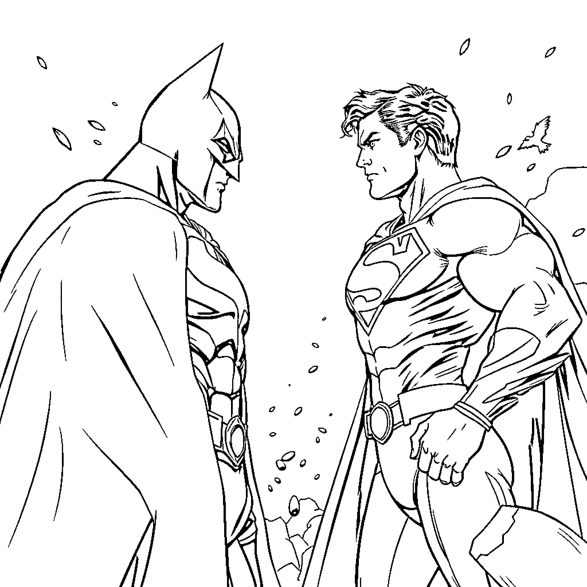 Batman and Superhero Confrontation Coloring Page (free black-and-white line drawing printable PDF for all, from beginners to advanced learners, including children, teens, adults, and seniors)