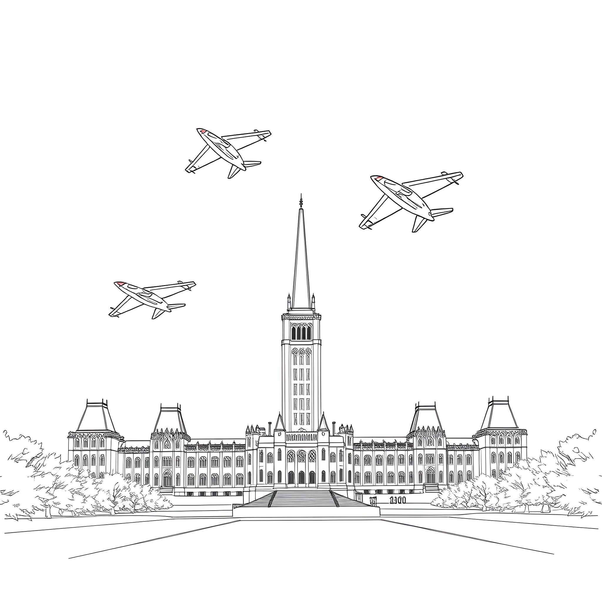 Snowbird Soaring Over the Parliament Building Coloring Page (free black-and-white line drawing printable PDF for all, from beginners to advanced learners, including children, teens, adults, and seniors)