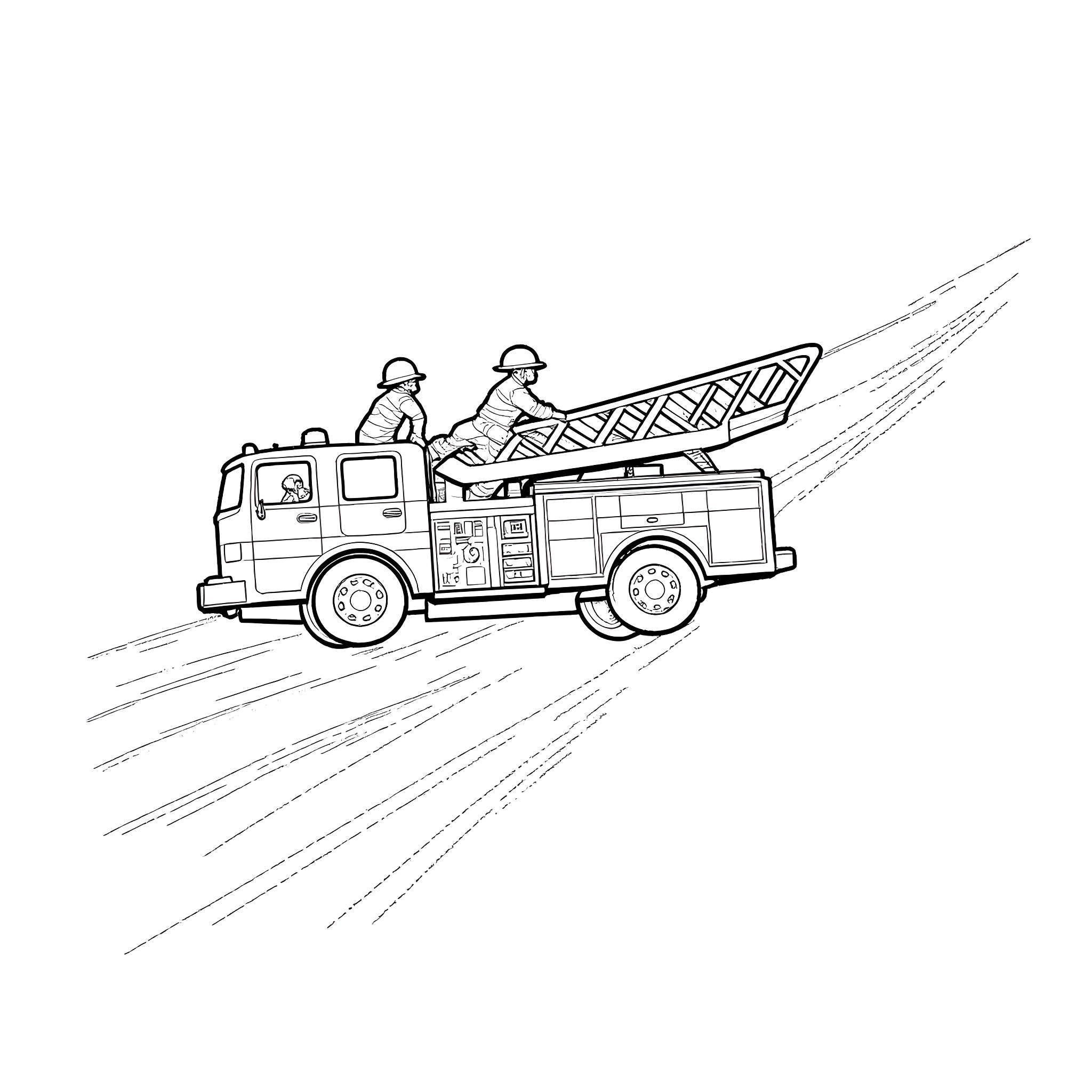 Firetruck rushing to emergency with firefighters onboard Coloring Page (free black-and-white line drawing printable PDF for all, from beginners to advanced learners, including children, teens, adults, and seniors)