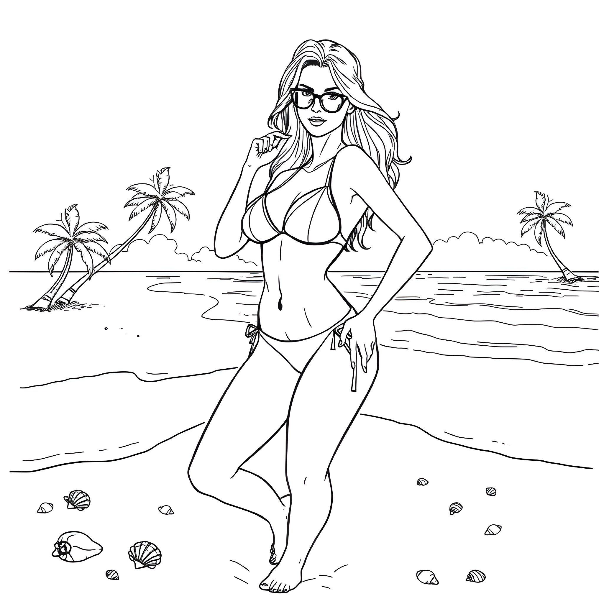 Woman relaxing on the beach in a bikini Coloring Page (free black-and-white line drawing printable PDF for all, from beginners to advanced learners, including children, teens, adults, and seniors)