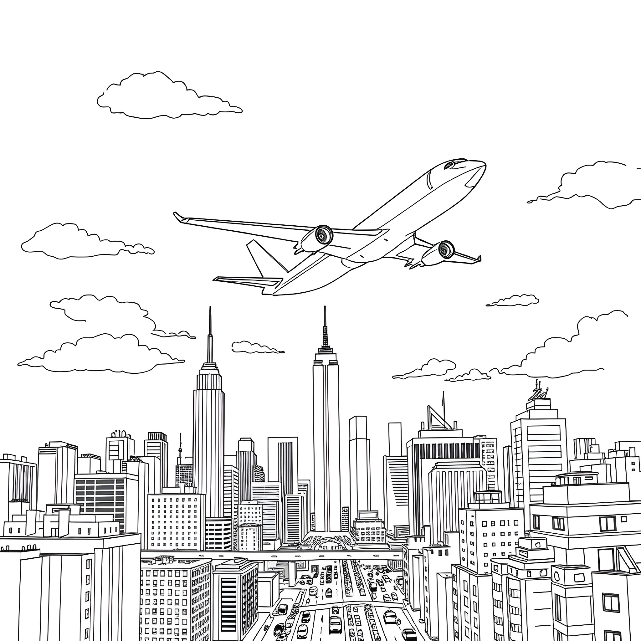Airplane soaring above the cityscape Coloring Page (free black-and-white line drawing printable PDF for all, from beginners to advanced learners, including children, teens, adults, and seniors)