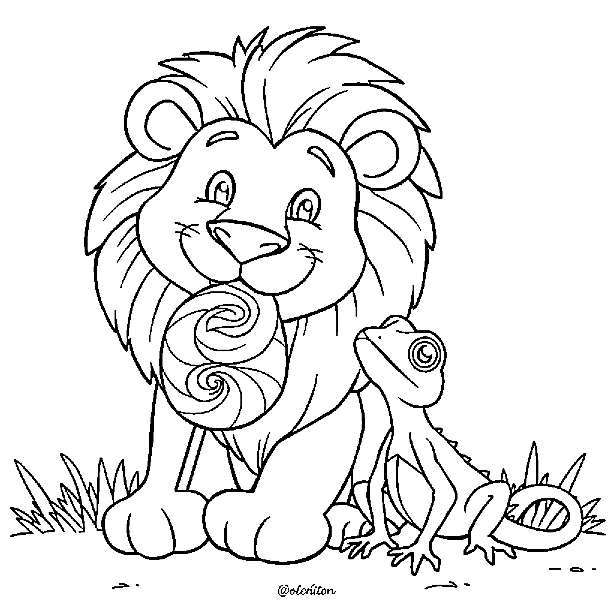 Lion and frog playing together happily Coloring Page (free black-and-white line drawing printable PDF for all, from beginners to advanced learners, including children, teens, adults, and seniors)
