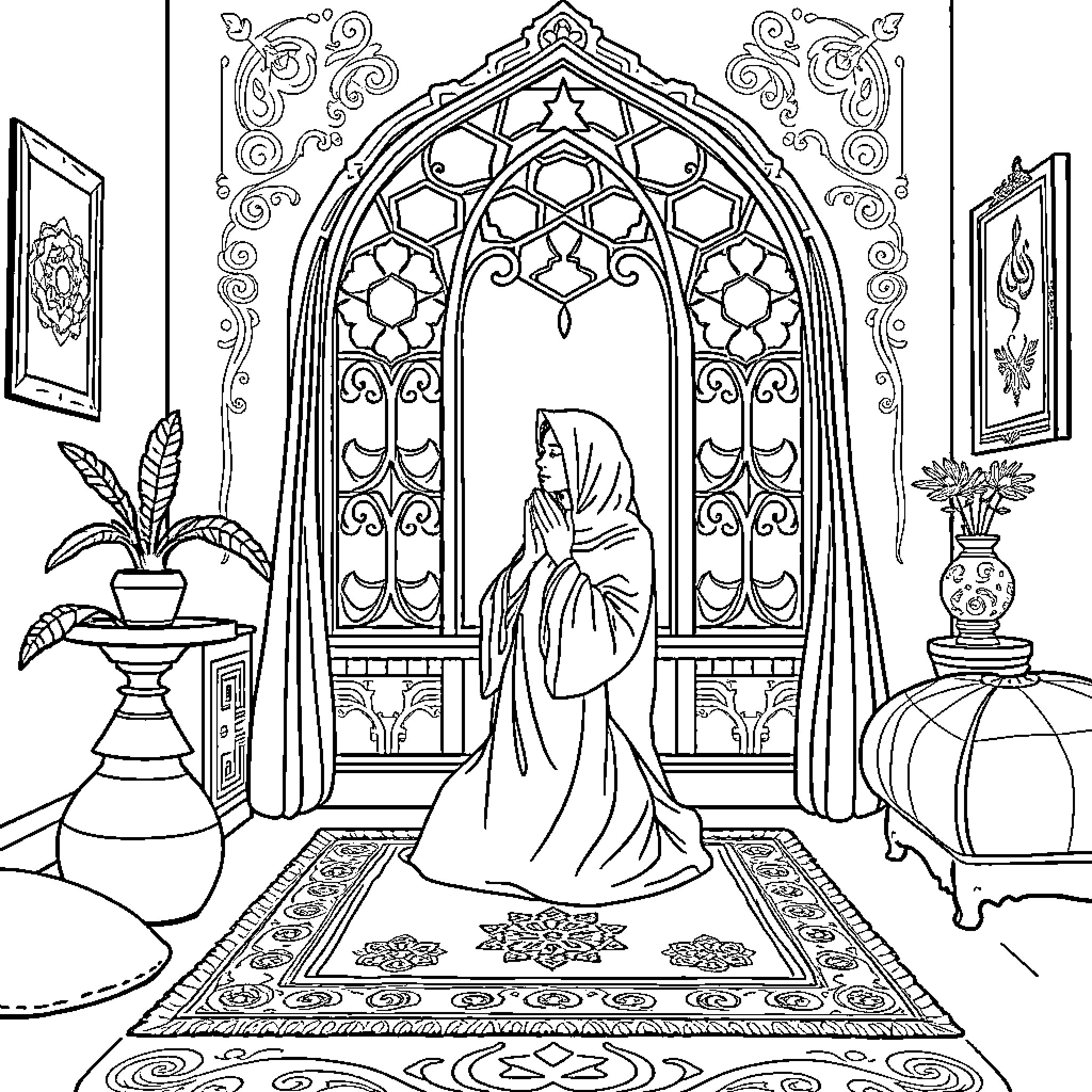 Muslim Woman Praying Devoutly in Ornate Mosque Setting Coloring Page (free black-and-white line drawing printable PDF for all, from beginners to advanced learners, including children, teens, adults, and seniors)