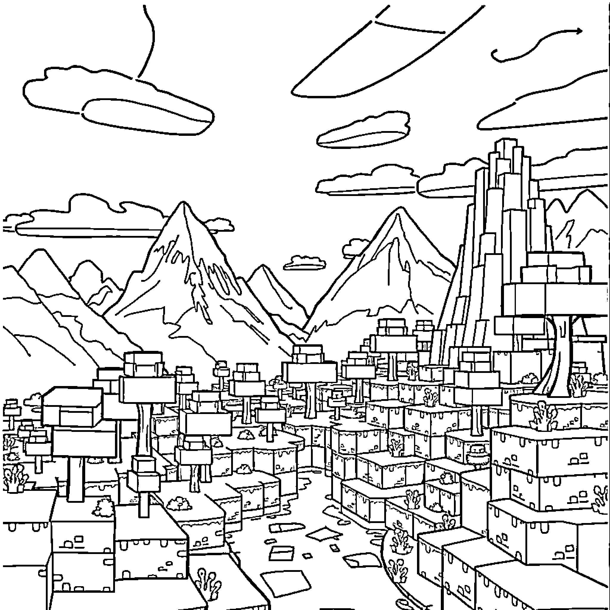 Minecraft: Fantastical Cityscape and Mountainous Landscape Coloring Page (free black-and-white line drawing printable PDF for all, from beginners to advanced learners, including children, teens, adults, and seniors)