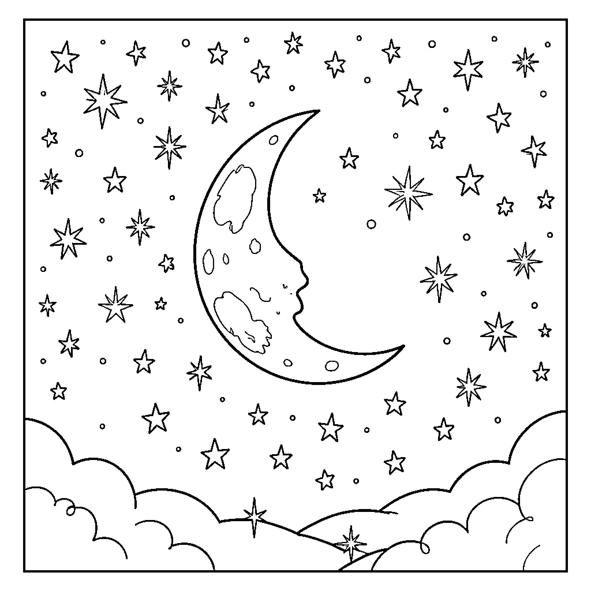 Starry night sky featuring a crescent moon and clouds Coloring Page (free black-and-white line drawing printable PDF for all, from beginners to advanced learners, including children, teens, adults, and seniors)