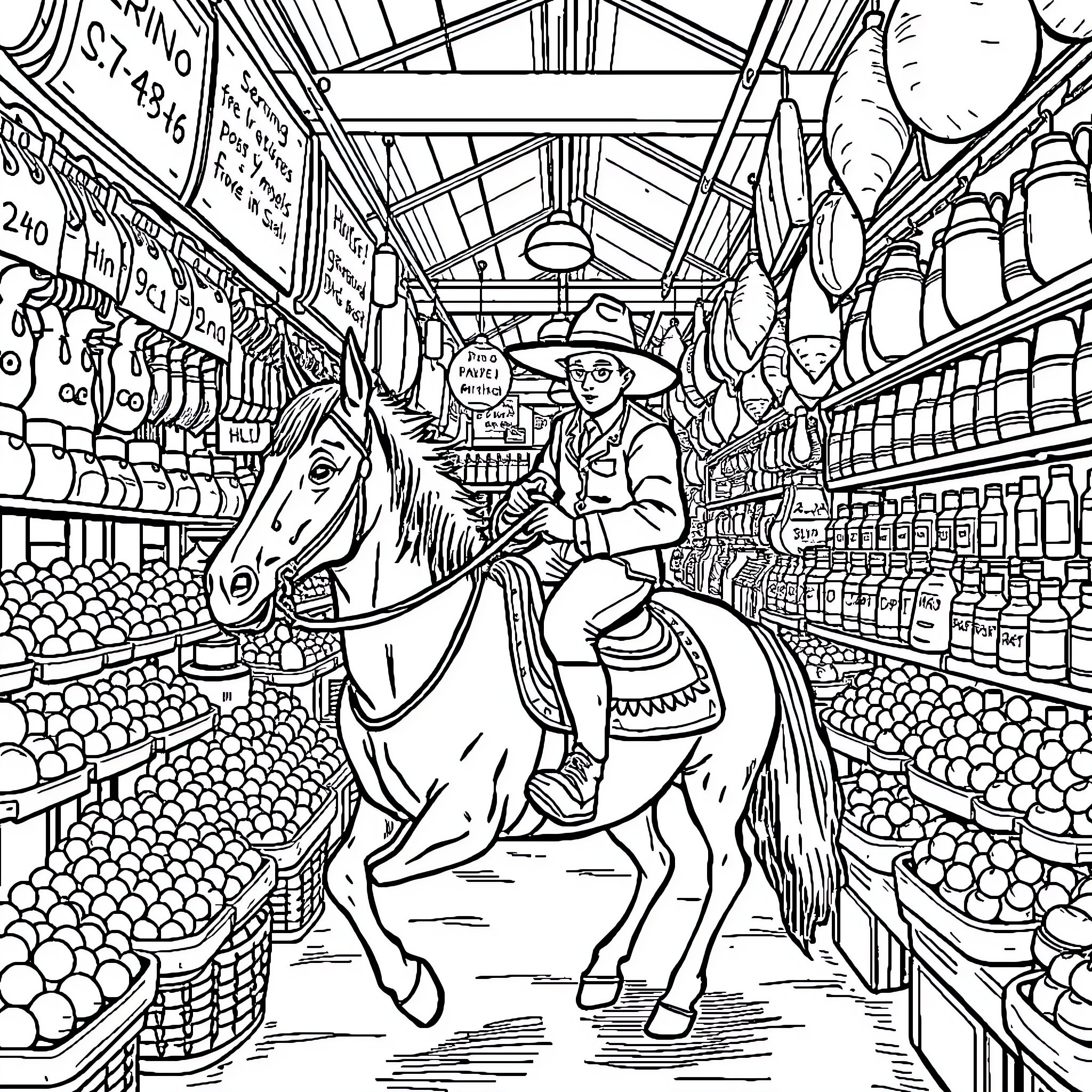 Patricio Estrella's Horseback Journey Through a Bustling Market Coloring Page (free black-and-white line drawing printable PDF for all, from beginners to advanced learners, including children, teens, adults, and seniors)