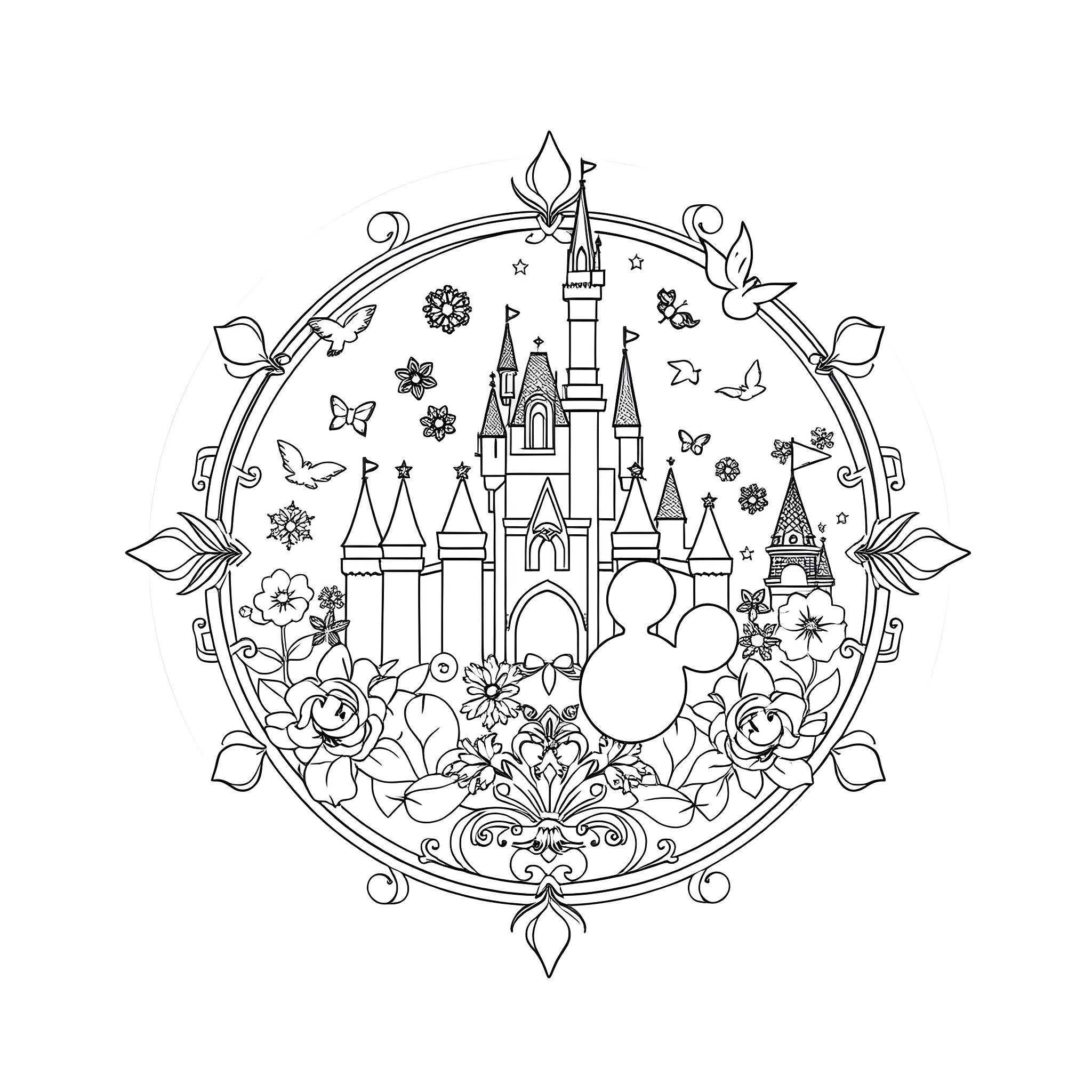 Disney Medallion with Enchanting Castle and Floral Motifs Coloring Page (free black-and-white line drawing printable PDF for all, from beginners to advanced learners, including children, teens, adults, and seniors)