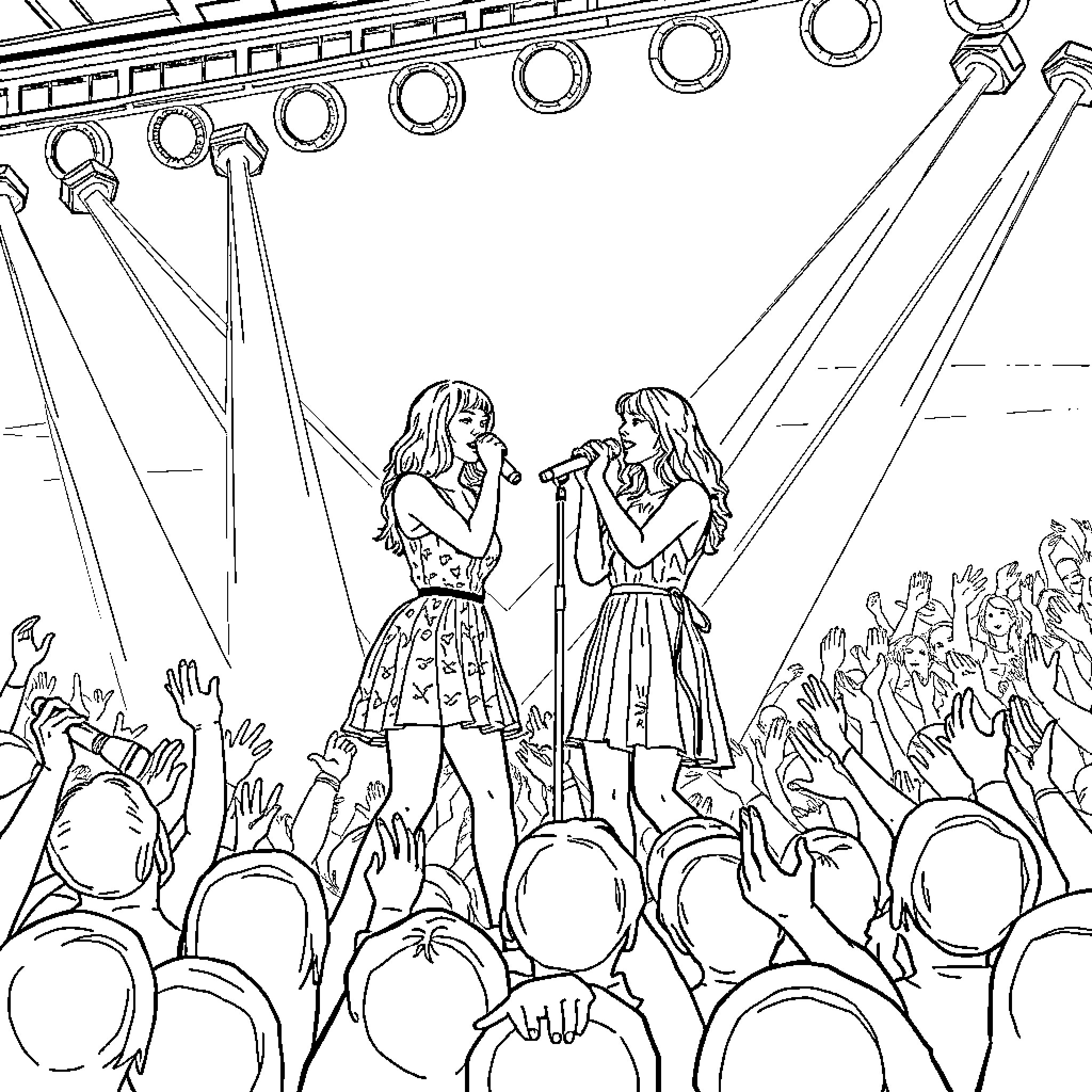 Taylor Swift performing on stage with bandmate Coloring Page (free black-and-white line drawing printable PDF for all, from beginners to advanced learners, including children, teens, adults, and seniors)