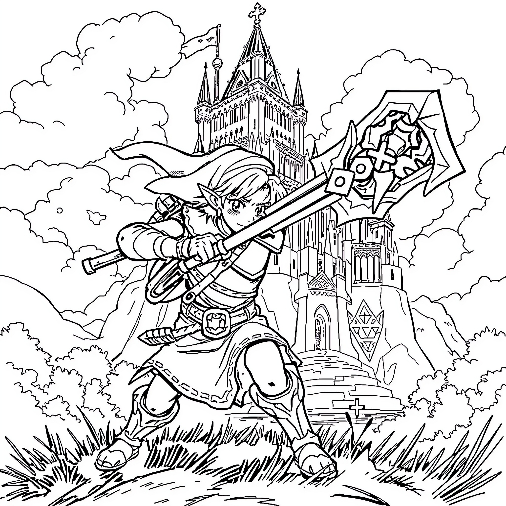 Yunobo exploring the castle grounds with his trusty sword Coloring Page (free black-and-white line drawing printable PDF for all, from beginners to advanced learners, including children, teens, adults, and seniors)