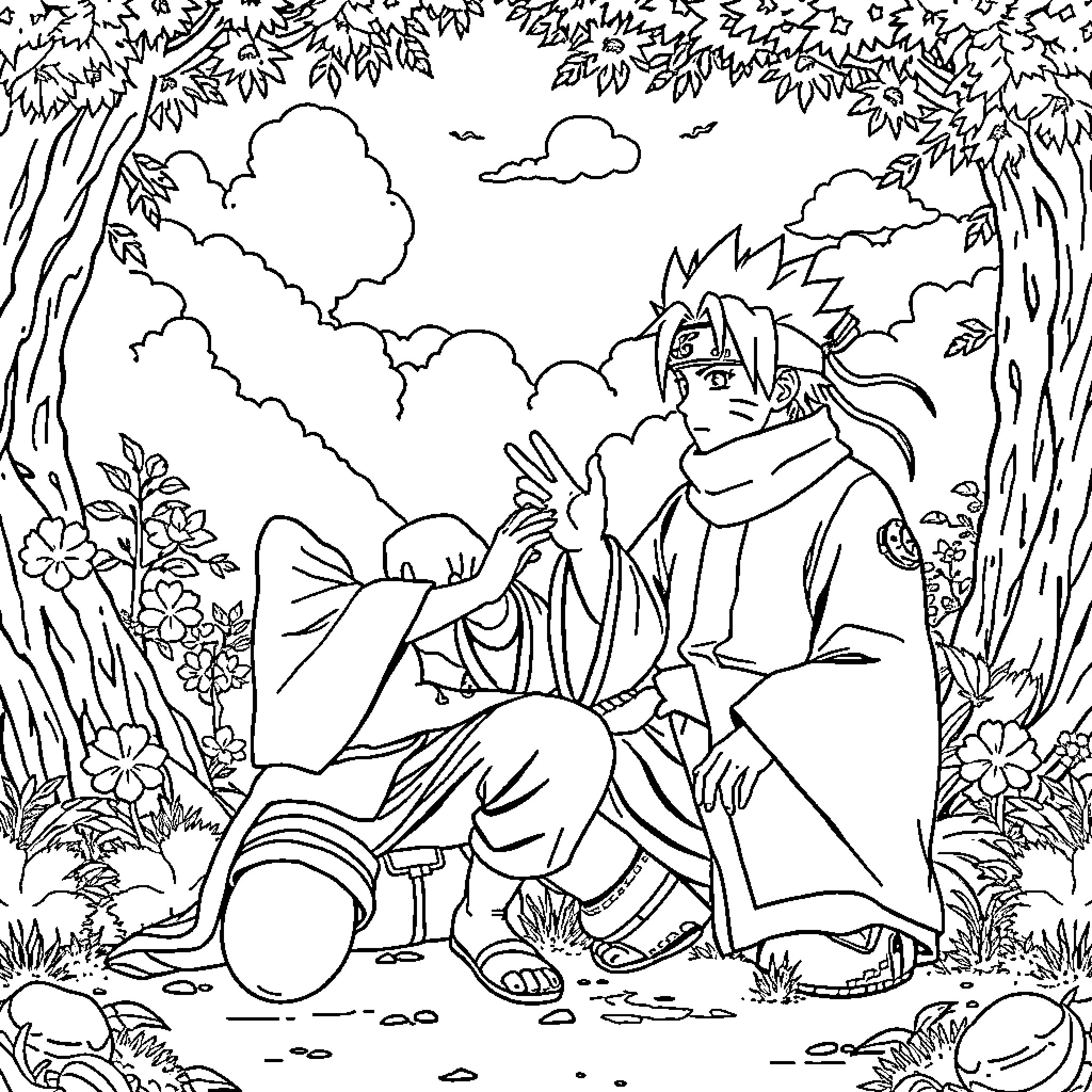 Naruto resting peacefully in a serene forest landscape Coloring Page (free black-and-white line drawing printable PDF for all, from beginners to advanced learners, including children, teens, adults, and seniors)