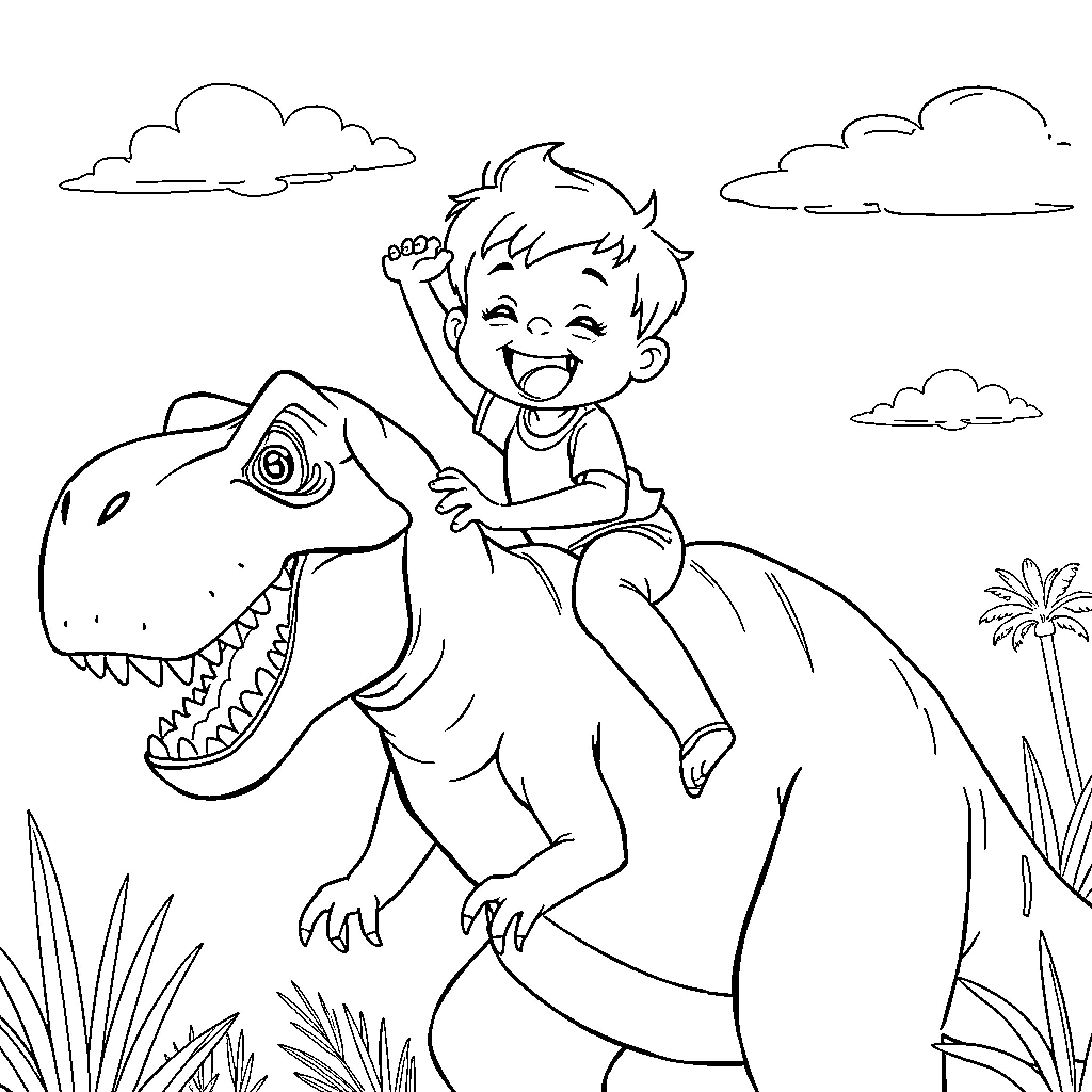 Boy riding a friendly dinosaur in the park Coloring Page (free black-and-white line drawing printable PDF for all, from beginners to advanced learners, including children, teens, adults, and seniors)