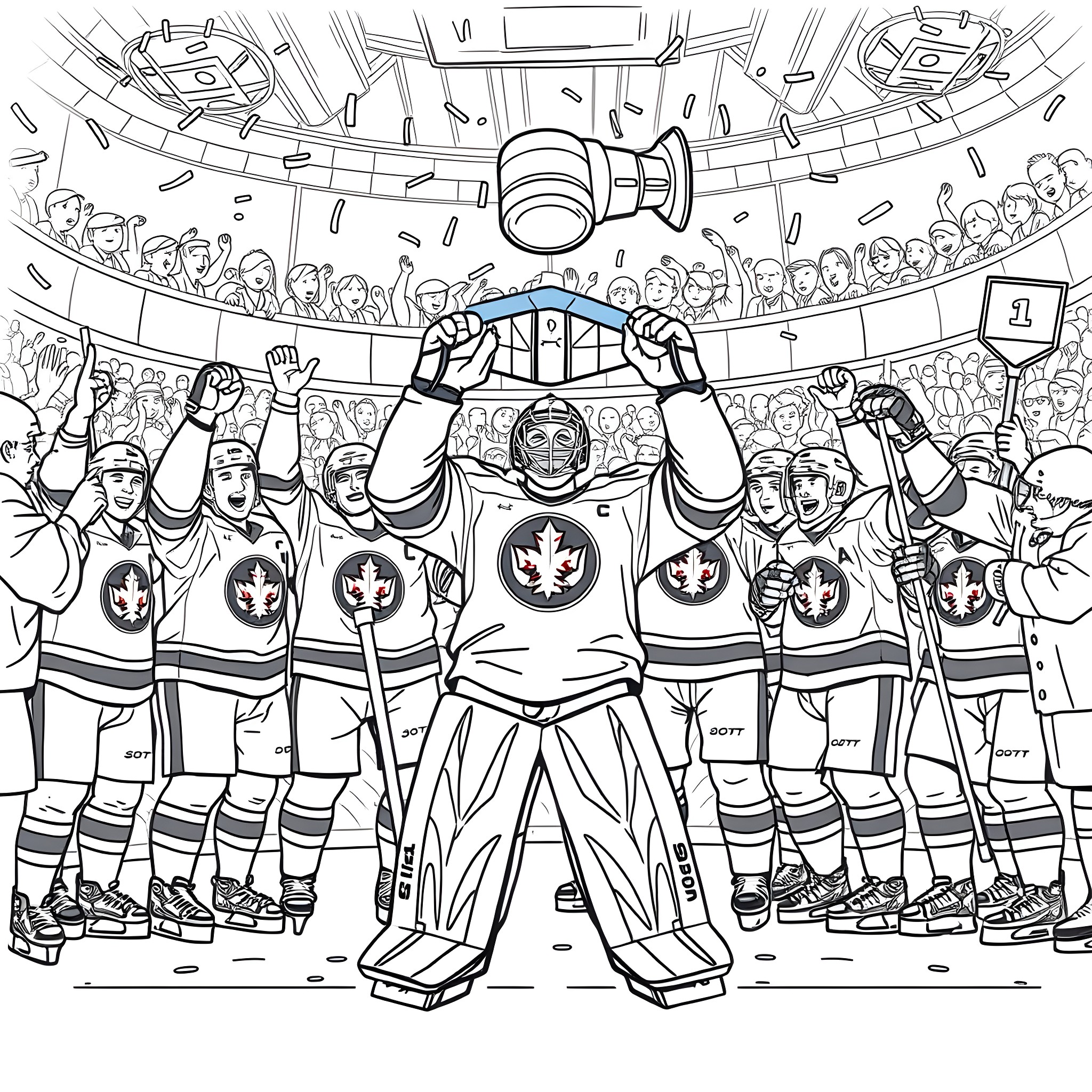 Winnipeg Jets hockey team celebrates victory in the arena Coloring Page (free black-and-white line drawing printable PDF for all, from beginners to advanced learners, including children, teens, adults, and seniors)
