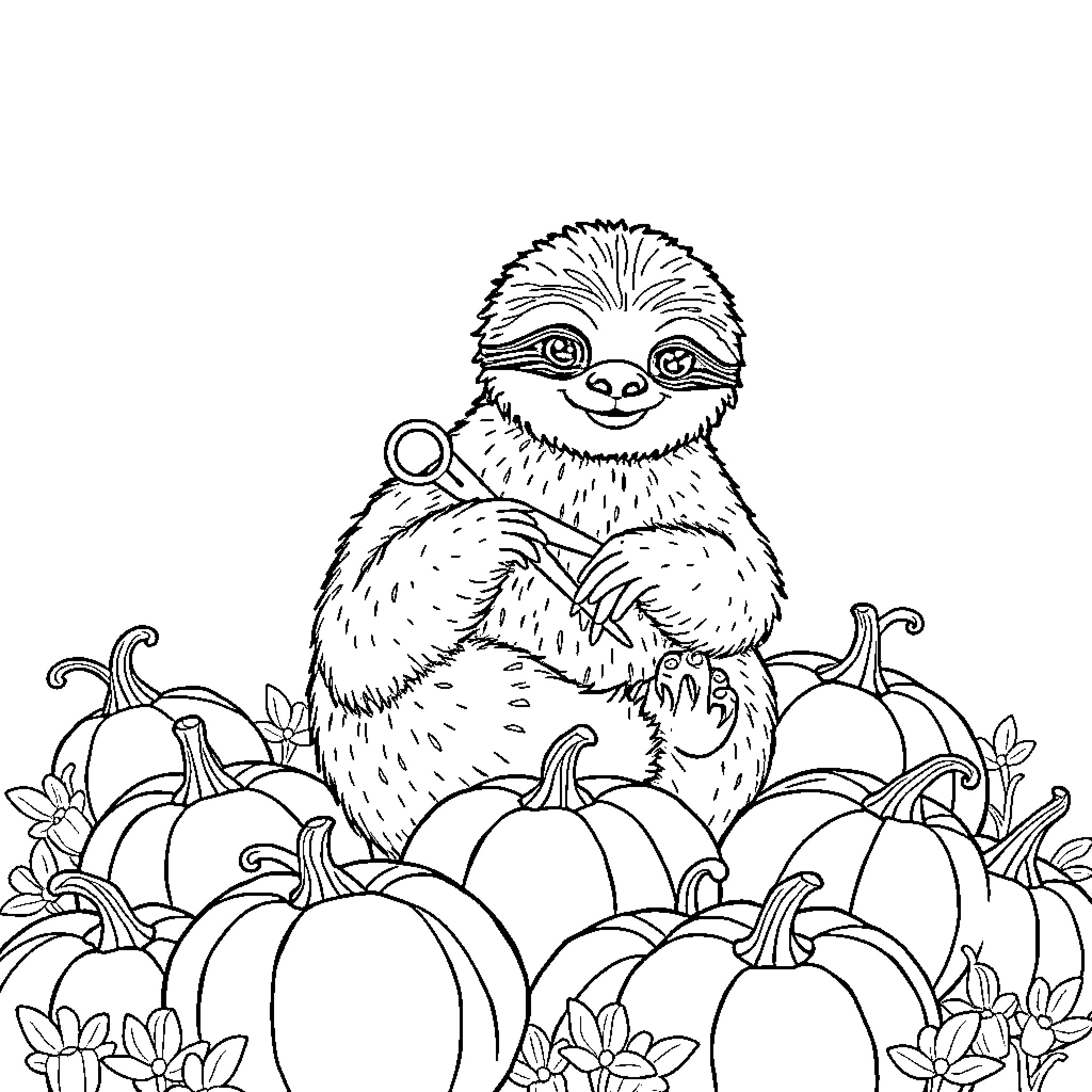 Sloth surrounded by pumpkins in an autumn scene Coloring Page (free black-and-white line drawing printable PDF for all, from beginners to advanced learners, including children, teens, adults, and seniors)