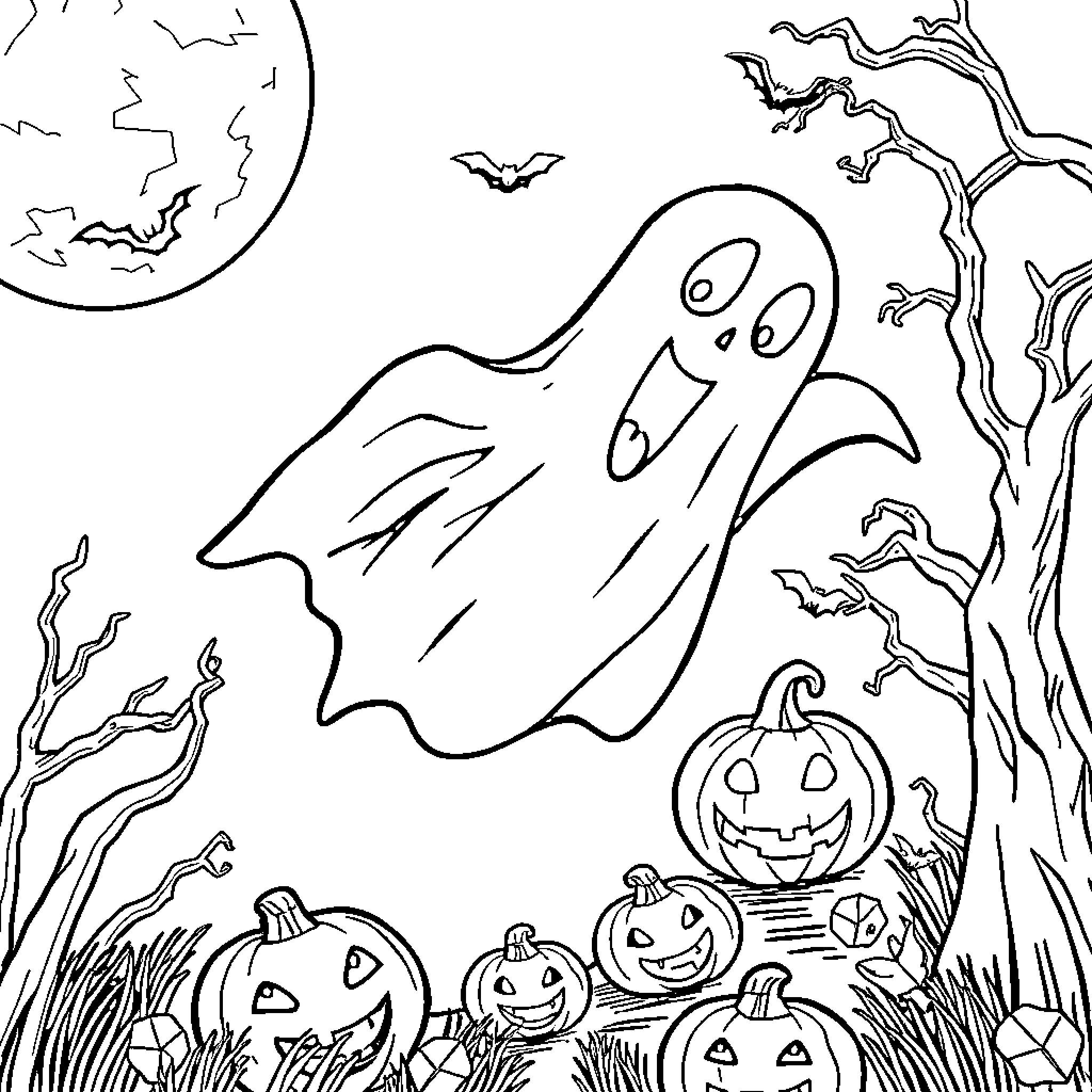 Ghost floating playfully in Halloween night scene Coloring Page (free black-and-white line drawing printable PDF for all, from beginners to advanced learners, including children, teens, adults, and seniors)