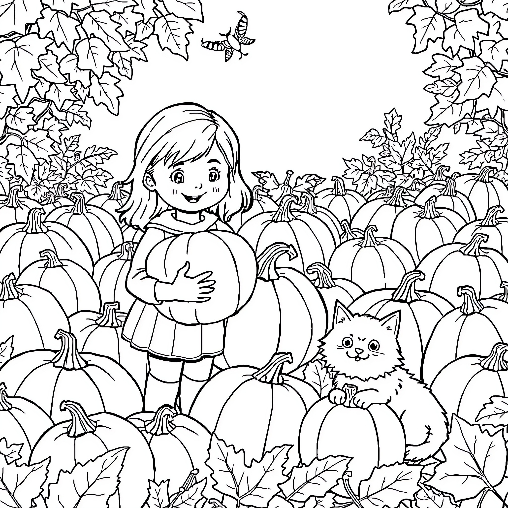 Pumpkin Patch Delight with Girl and Kitten Coloring Page (free black-and-white line drawing printable PDF for all, from beginners to advanced learners, including children, teens, adults, and seniors)