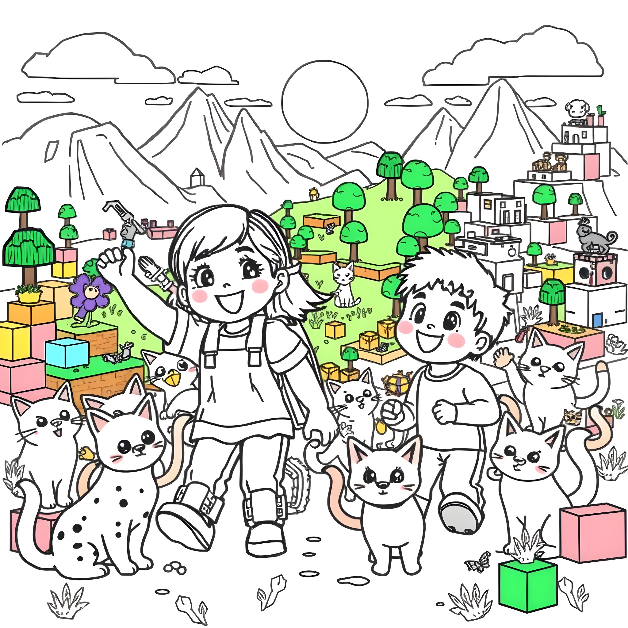 Cat Adventures with Friends in Whimsical Landscape Coloring Page (free black-and-white line drawing printable PDF for all, from beginners to advanced learners, including children, teens, adults, and seniors)