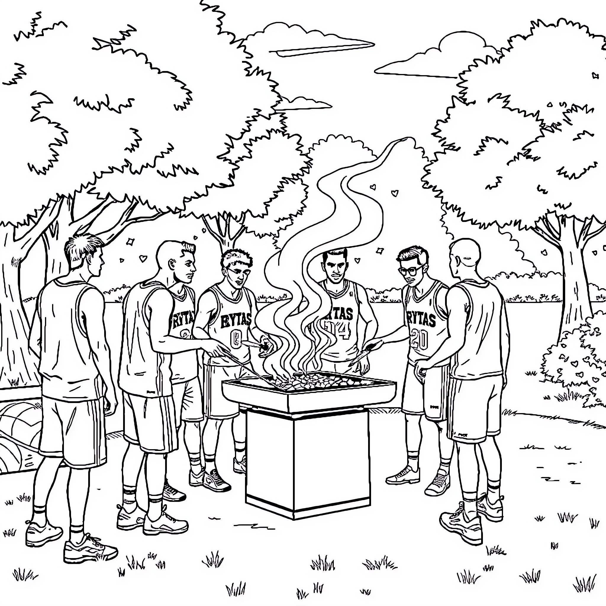 Rytas: Team bonding over a campfire in the woods Coloring Page (free black-and-white line drawing printable PDF for all, from beginners to advanced learners, including children, teens, adults, and seniors)