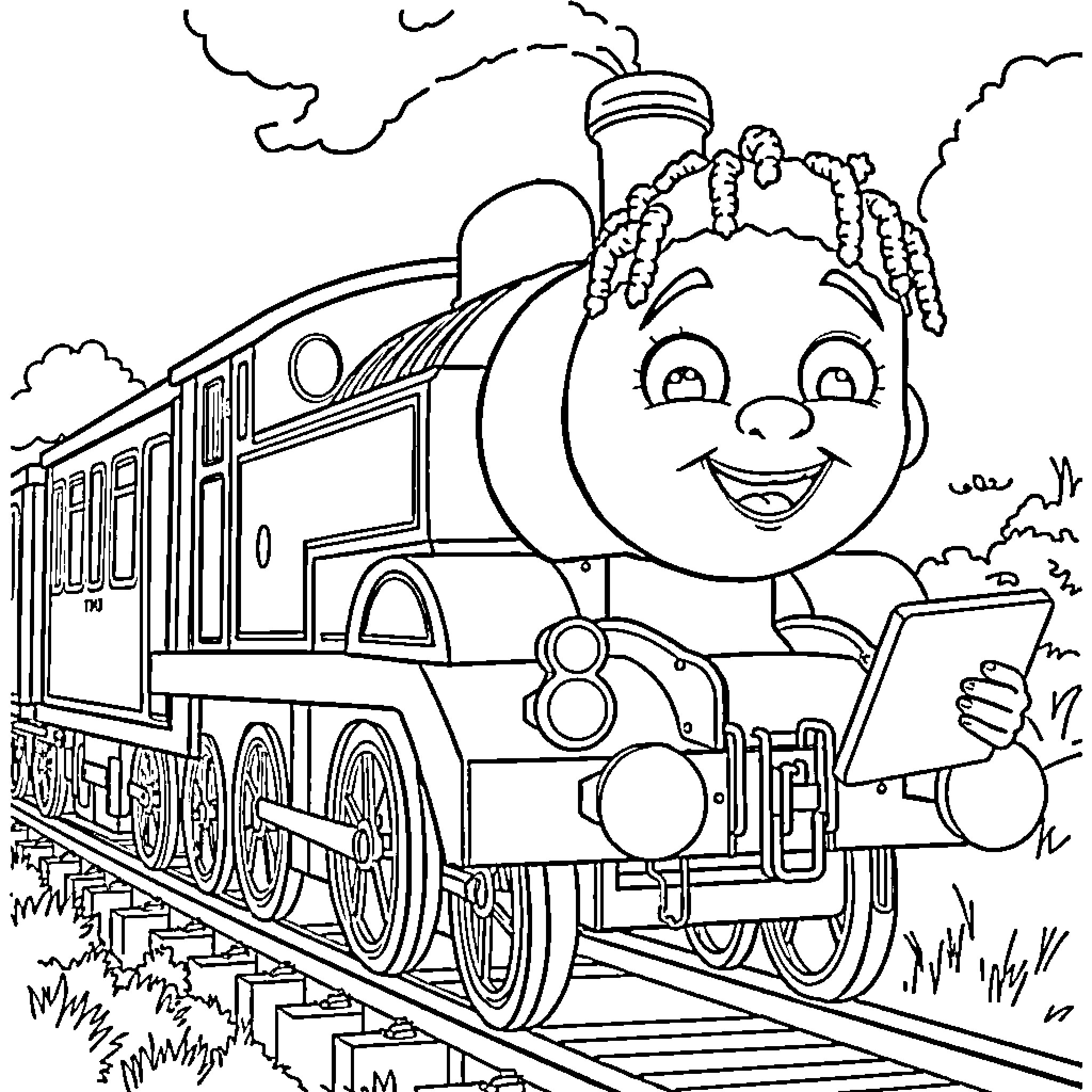 Thomas the Tank Engine cheerfully rides through the countryside Coloring Page (free black-and-white line drawing printable PDF for all, from beginners to advanced learners, including children, teens, adults, and seniors)