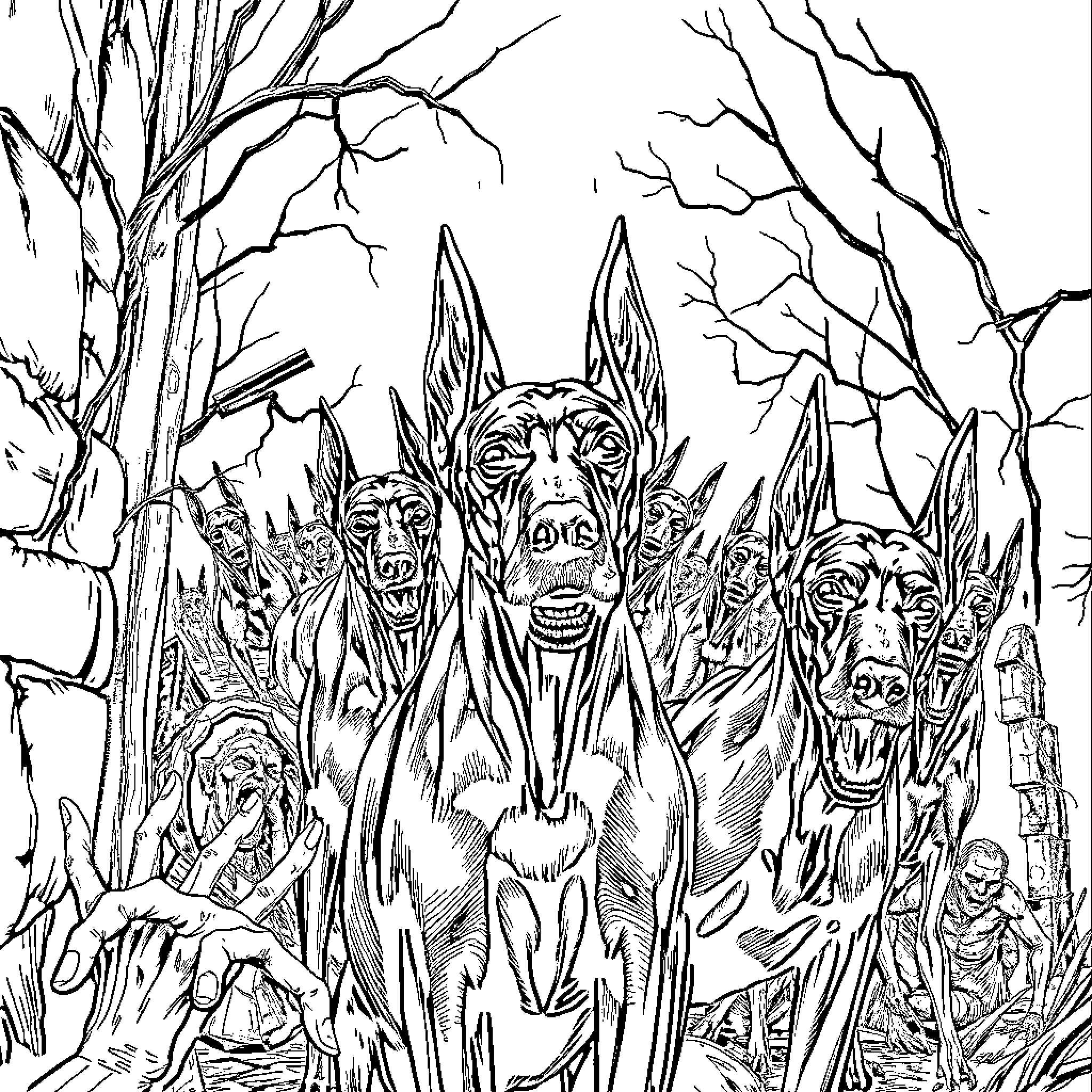 Zombie horde emerging from the dark, foreboding forest Coloring Page (free black-and-white line drawing printable PDF for all, from beginners to advanced learners, including children, teens, adults, and seniors)