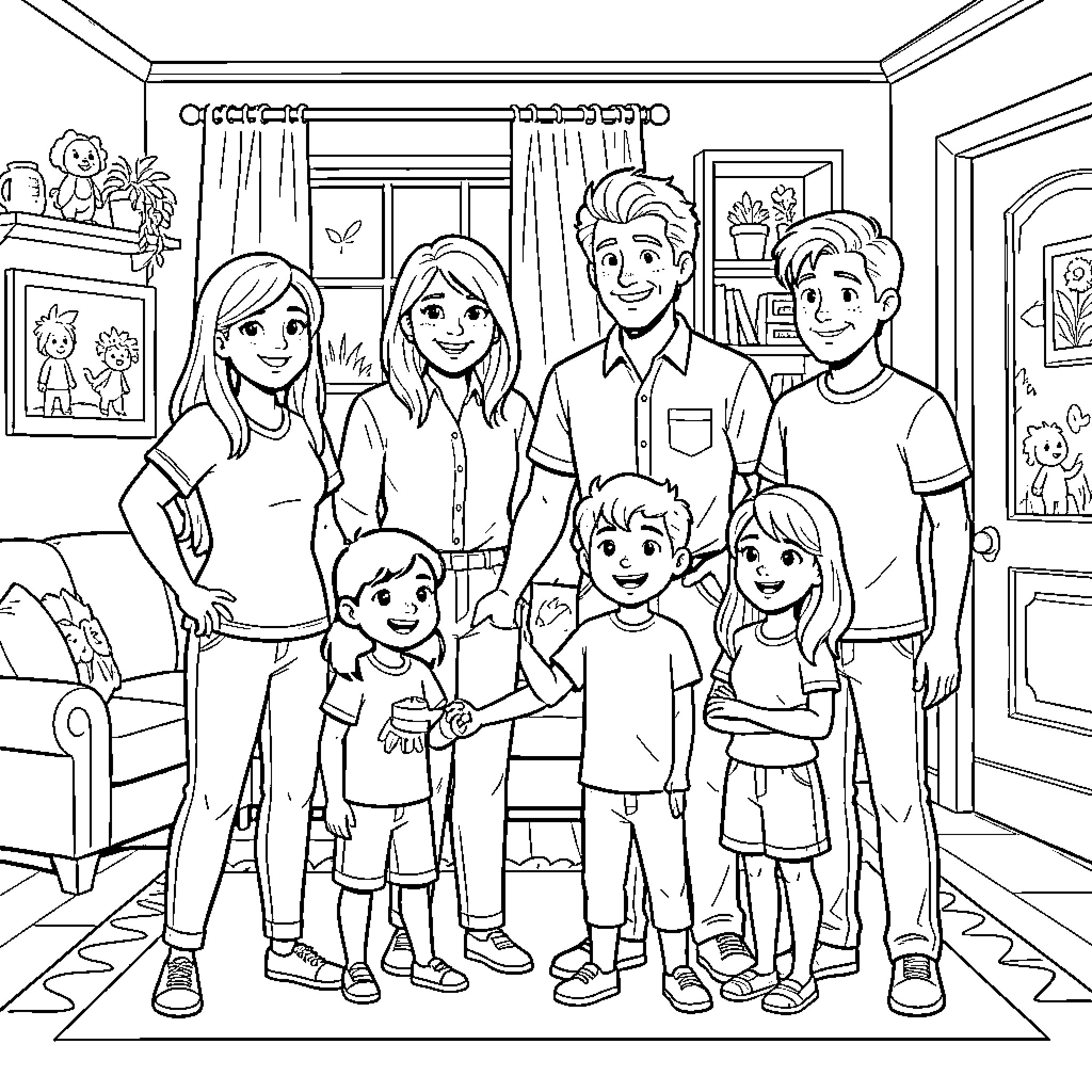 Thundermans family posing together for a group portrait Coloring Page (free black-and-white line drawing printable PDF for all, from beginners to advanced learners, including children, teens, adults, and seniors)
