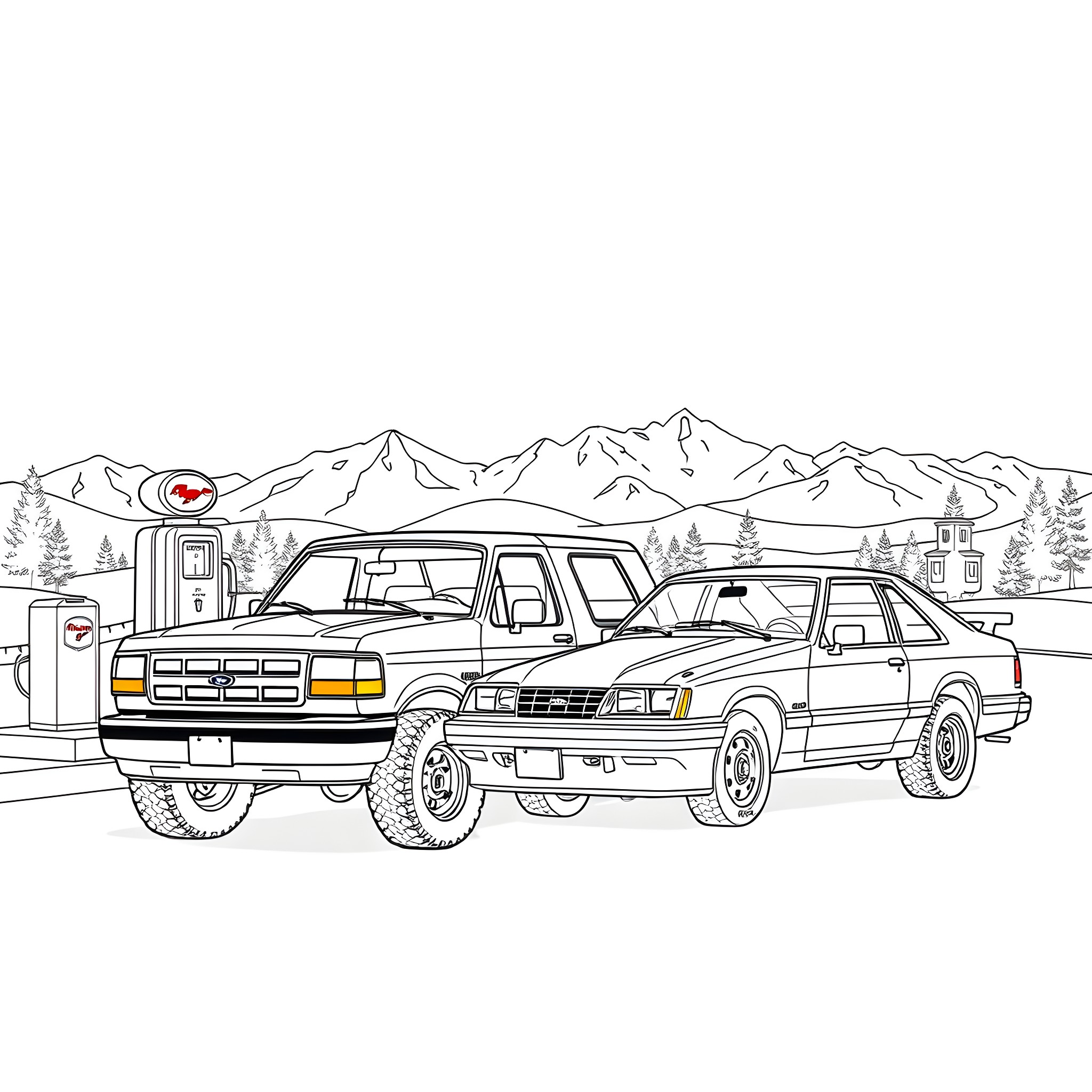 Ford vehicles on a snowy mountain road Coloring Page (free black-and-white line drawing printable PDF for all, from beginners to advanced learners, including children, teens, adults, and seniors)