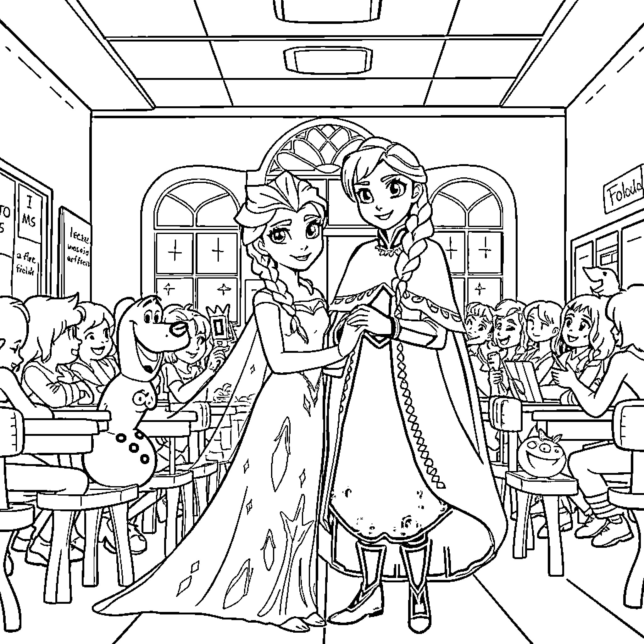 Frozen sisters embracing in a school setting Coloring Page (free black-and-white line drawing printable PDF for all, from beginners to advanced learners, including children, teens, adults, and seniors)