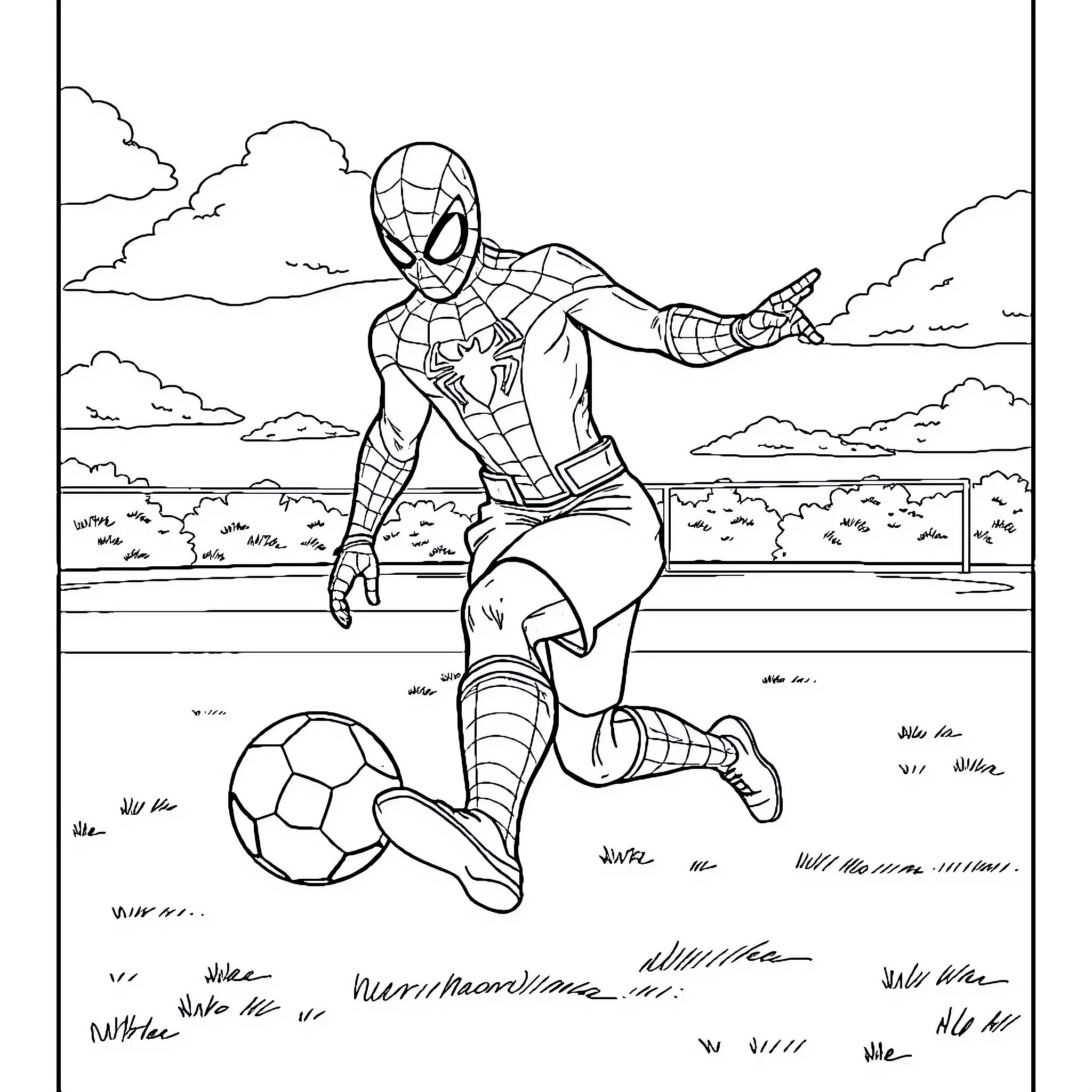 Spiderman playing soccer in the park Coloring Page (free black-and-white line drawing printable PDF for all, from beginners to advanced learners, including children, teens, adults, and seniors)