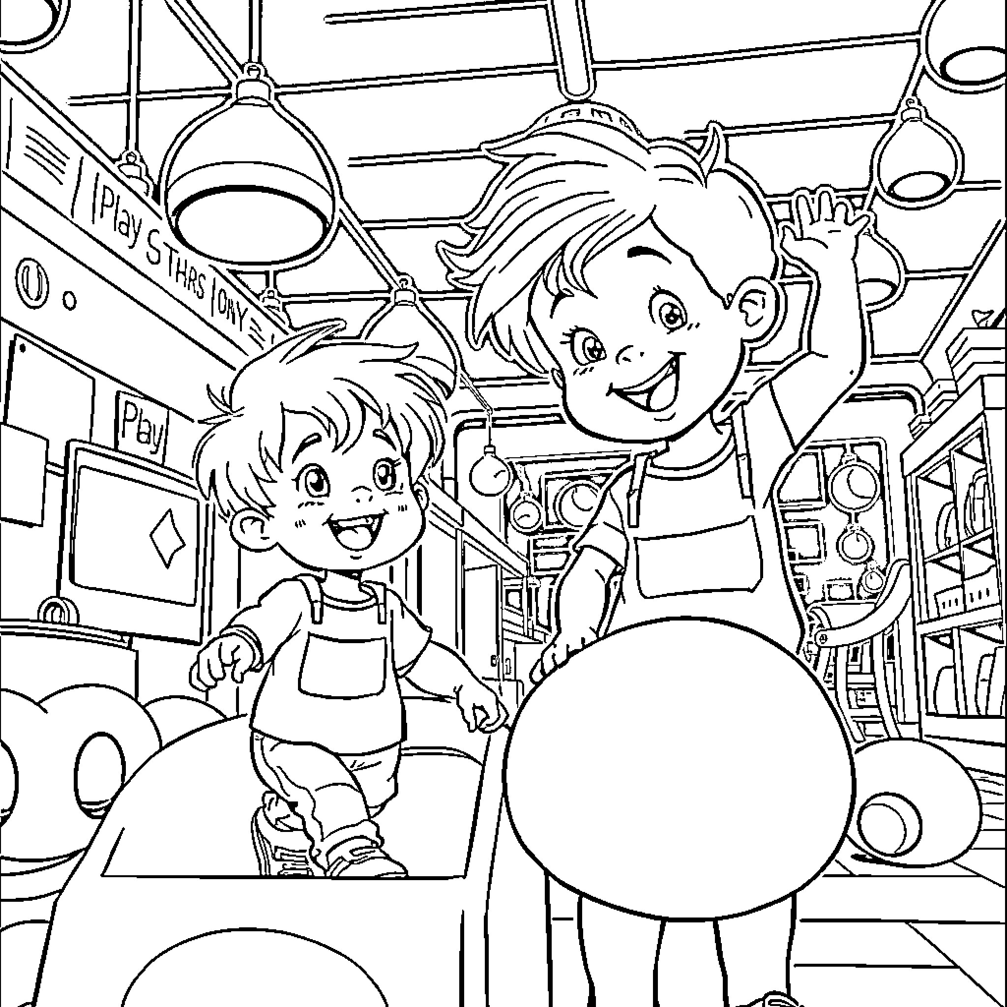 Twin Siblings Explore the Vibrant Arcade Coloring Page (free black-and-white line drawing printable PDF for all, from beginners to advanced learners, including children, teens, adults, and seniors)