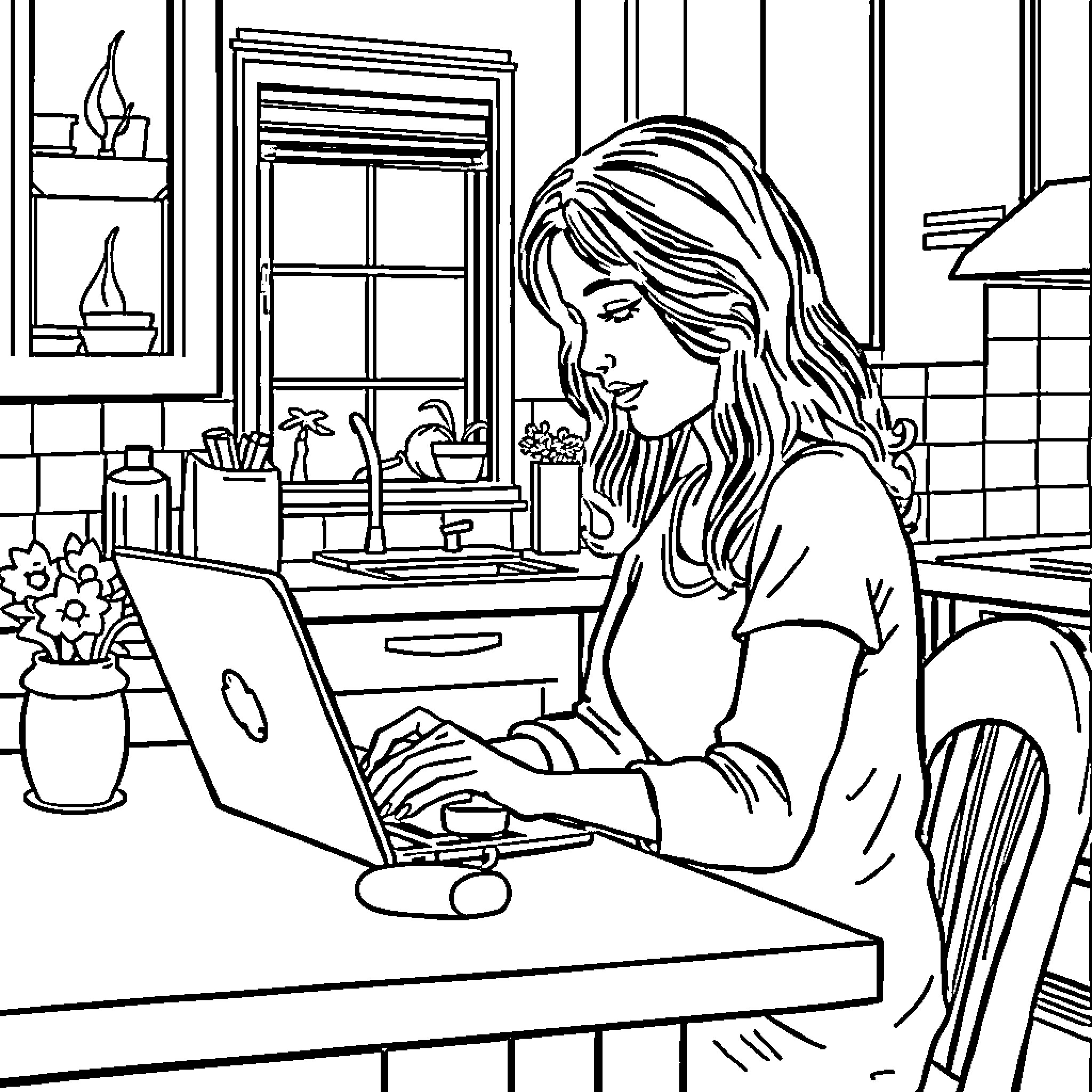 Mother working diligently on laptop in kitchen Coloring Page (free black-and-white line drawing printable PDF for all, from beginners to advanced learners, including children, teens, adults, and seniors)