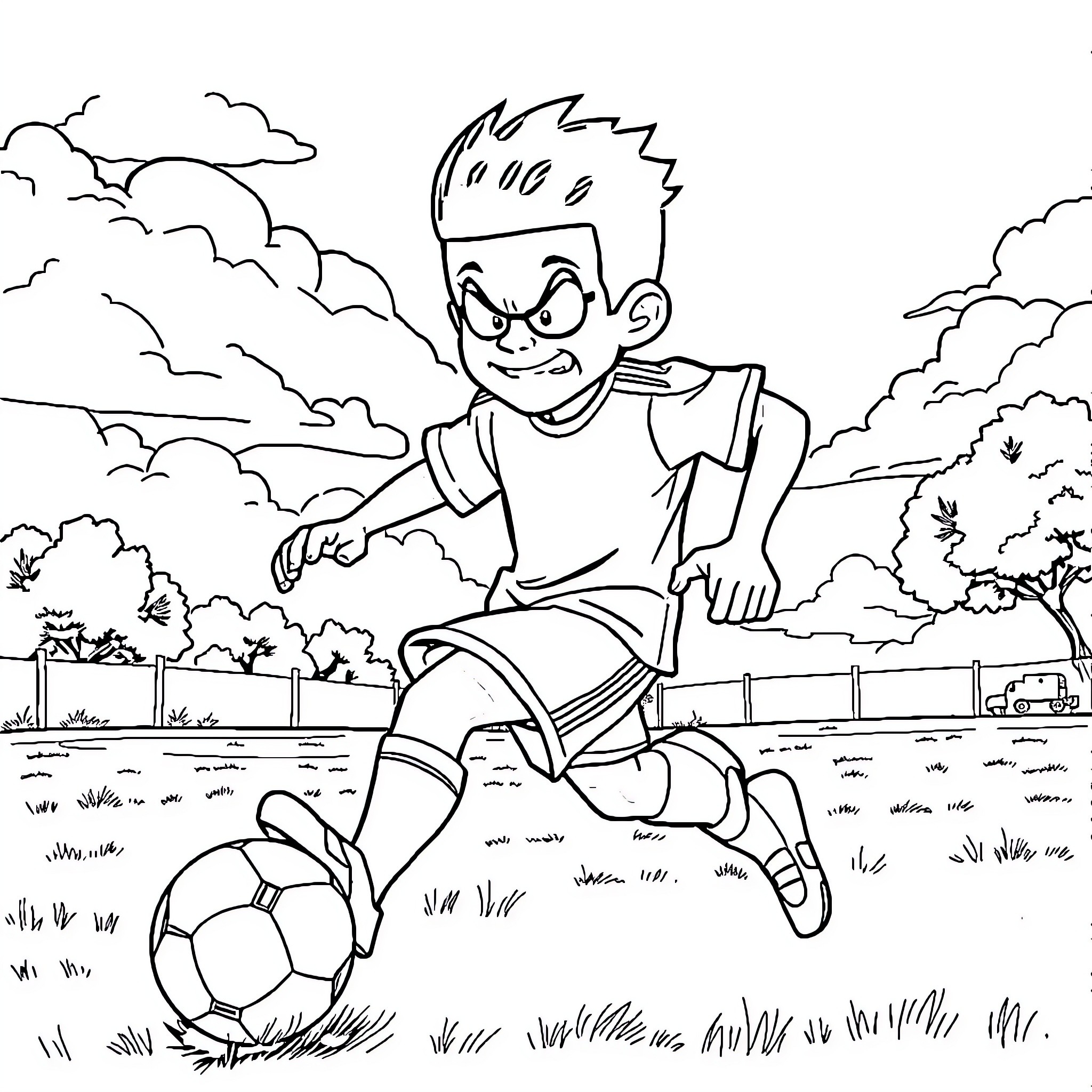 Miles Morales playing soccer in the park Coloring Page (free black-and-white line drawing printable PDF for all, from beginners to advanced learners, including children, teens, adults, and seniors)