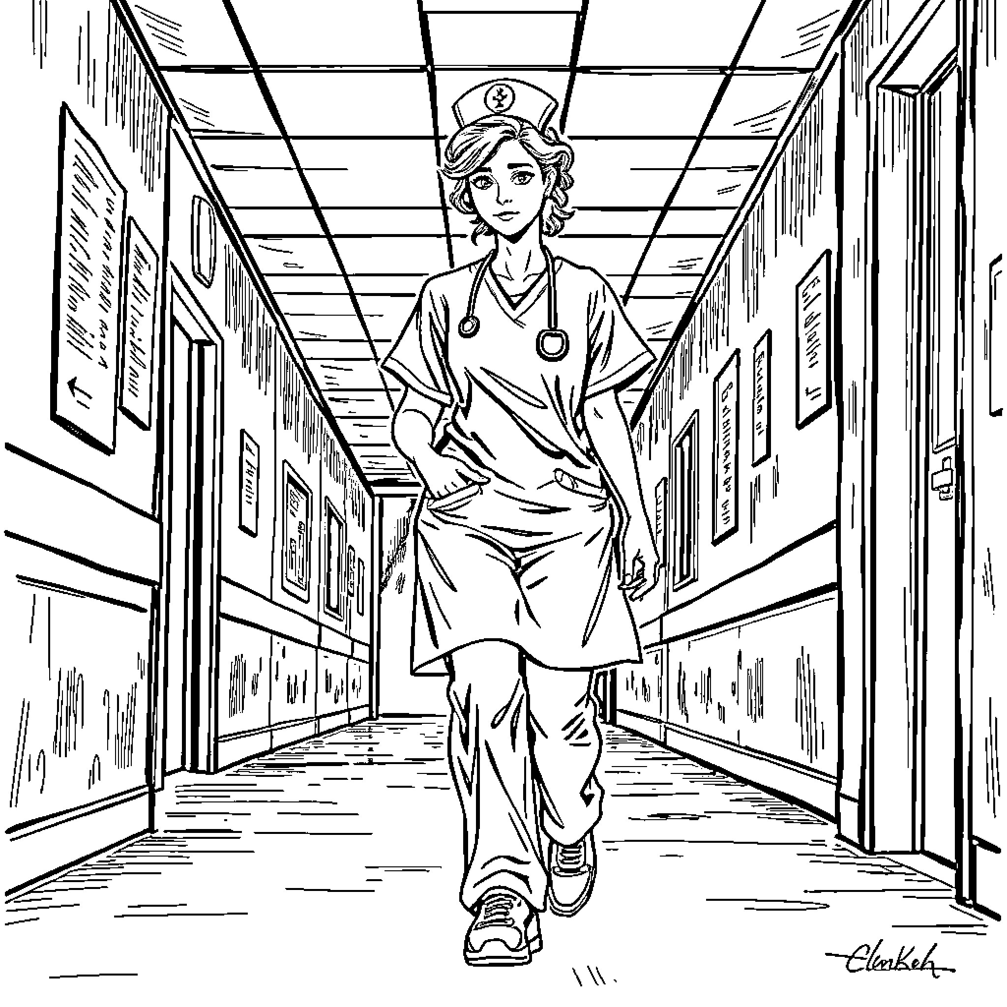 Nurse walking purposefully down hospital corridor Coloring Page (free black-and-white line drawing printable PDF for all, from beginners to advanced learners, including children, teens, adults, and seniors)