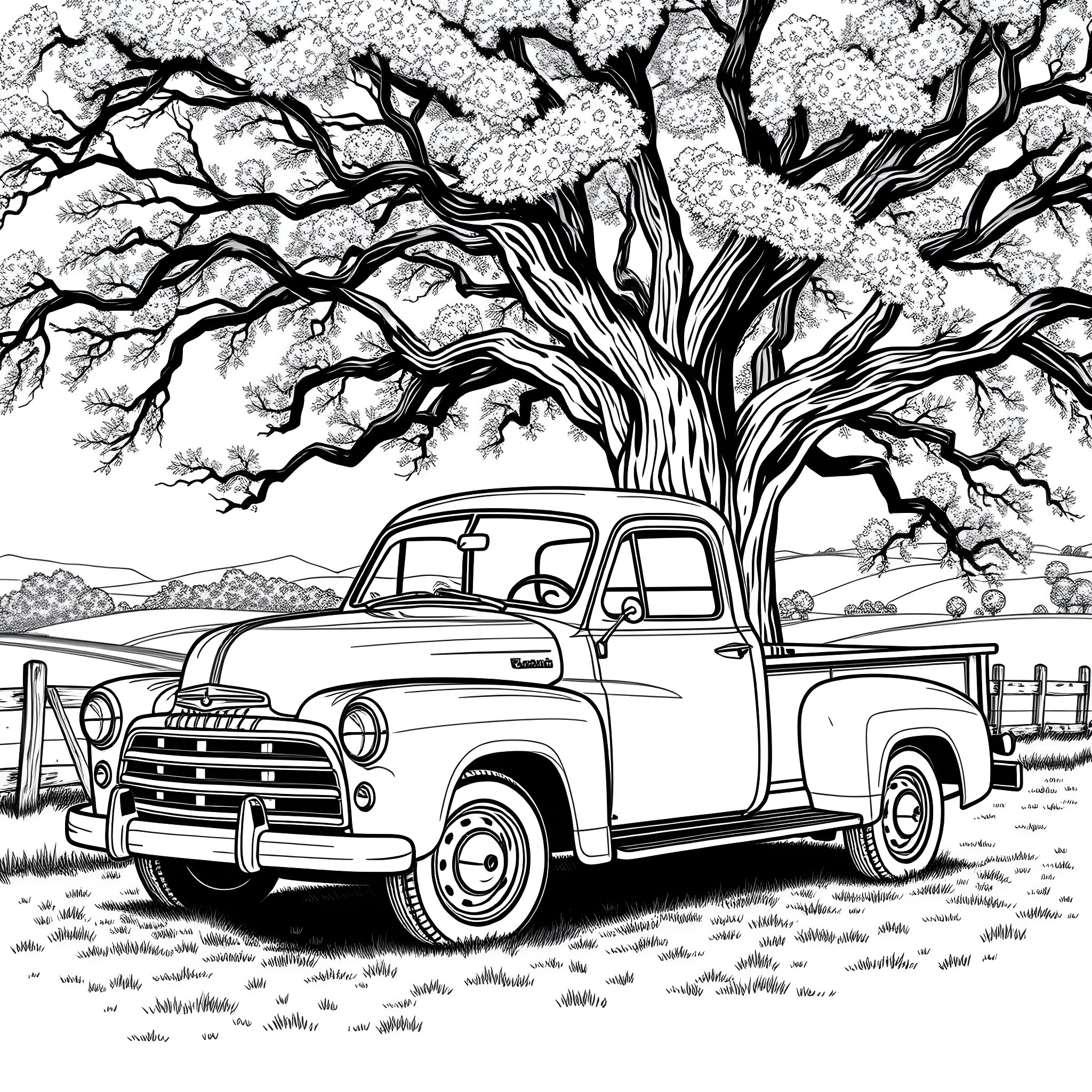 Pickup Truck Under Blooming Tree Coloring Page (free black-and-white line drawing printable PDF for all, from beginners to advanced learners, including children, teens, adults, and seniors)