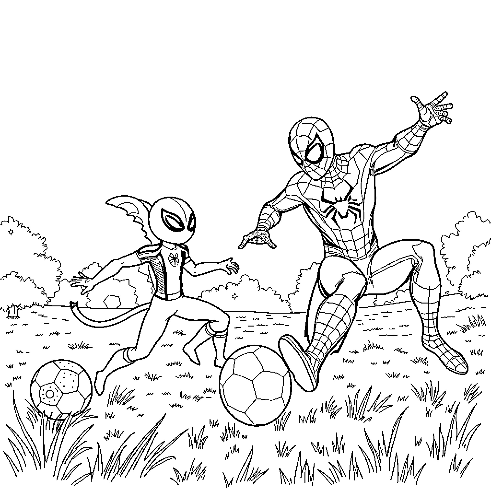 Spiderman and Spider-Man Jr. playing soccer in a field Coloring Page (free black-and-white line drawing printable PDF for all, from beginners to advanced learners, including children, teens, adults, and seniors)