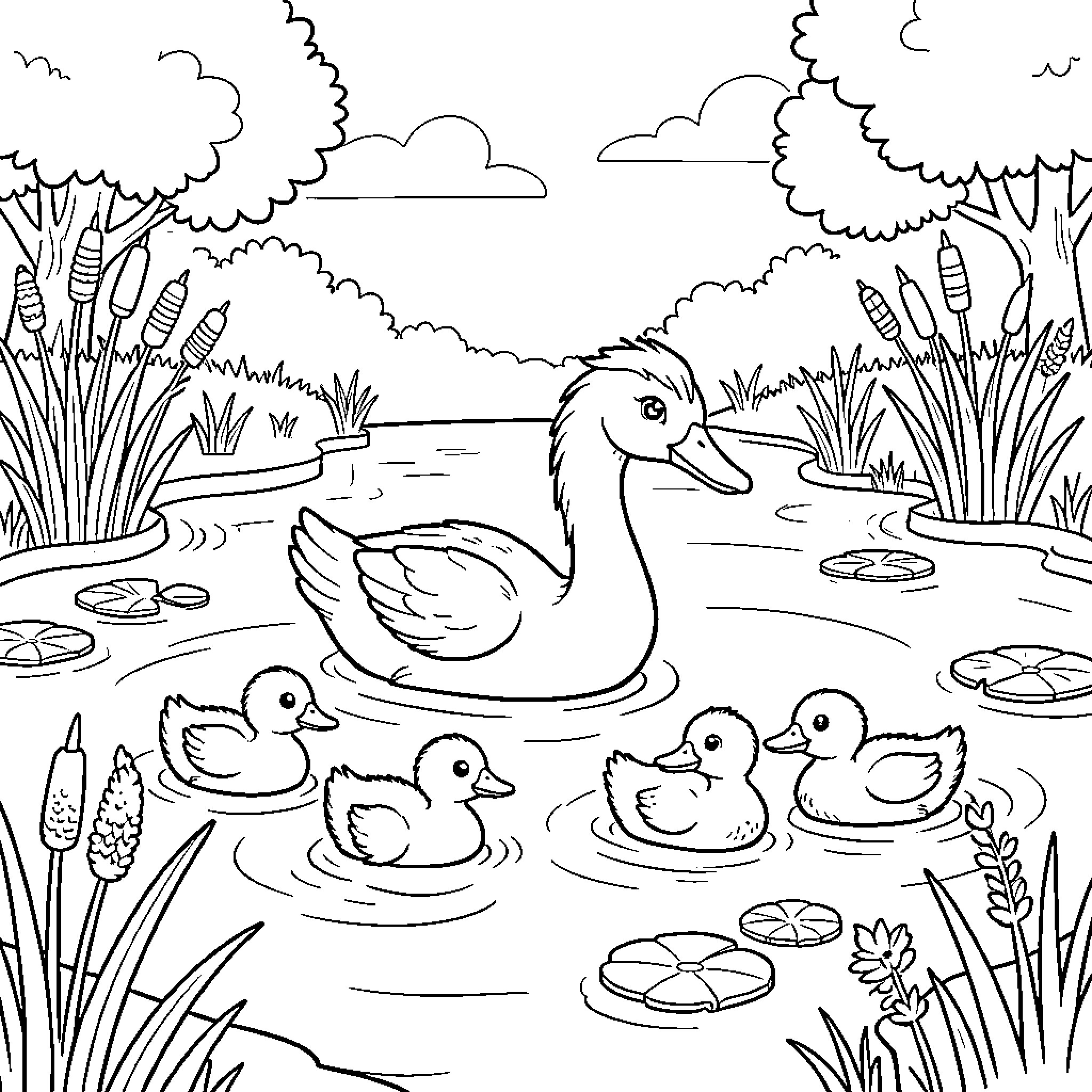 Duck and Ducklings Swimming in the Pond Coloring Page (free black-and-white line drawing printable PDF for all, from beginners to advanced learners, including children, teens, adults, and seniors)