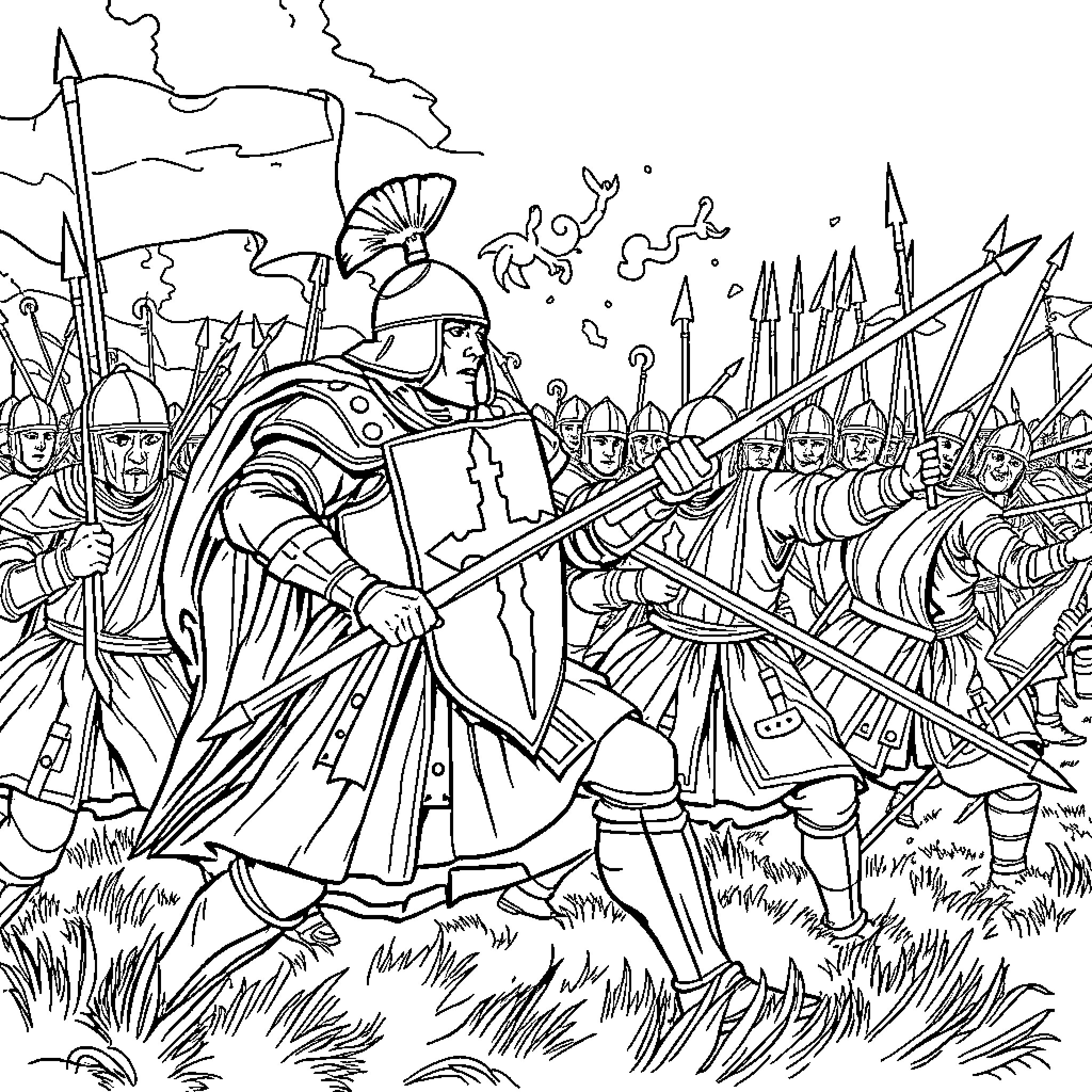 Hussar Soldiers in Heroic Battle Formation Coloring Page (free black-and-white line drawing printable PDF for all, from beginners to advanced learners, including children, teens, adults, and seniors)