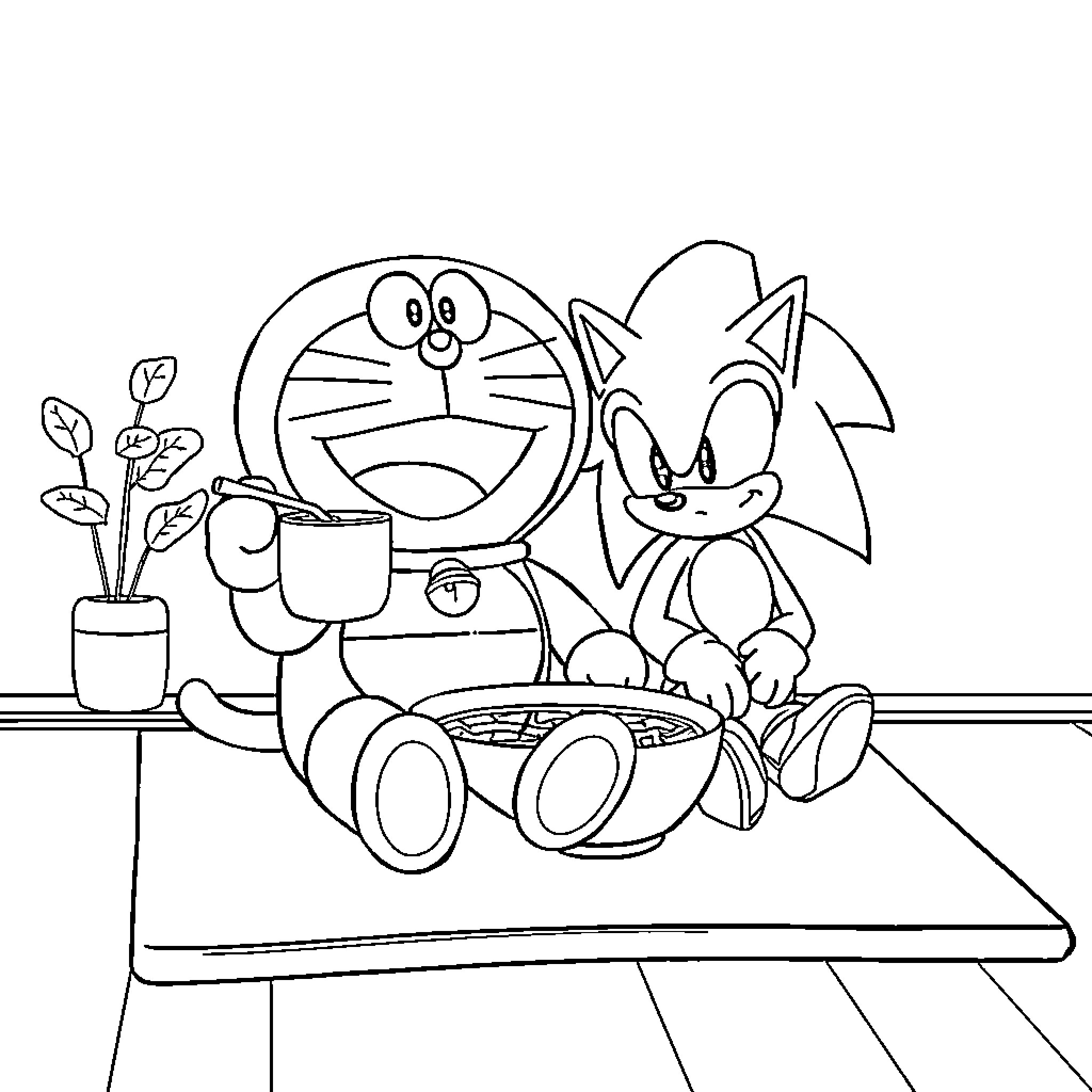 Doraemon and Sonic Enjoying a Snack Together Coloring Page (free black-and-white line drawing printable PDF for all, from beginners to advanced learners, including children, teens, adults, and seniors)
