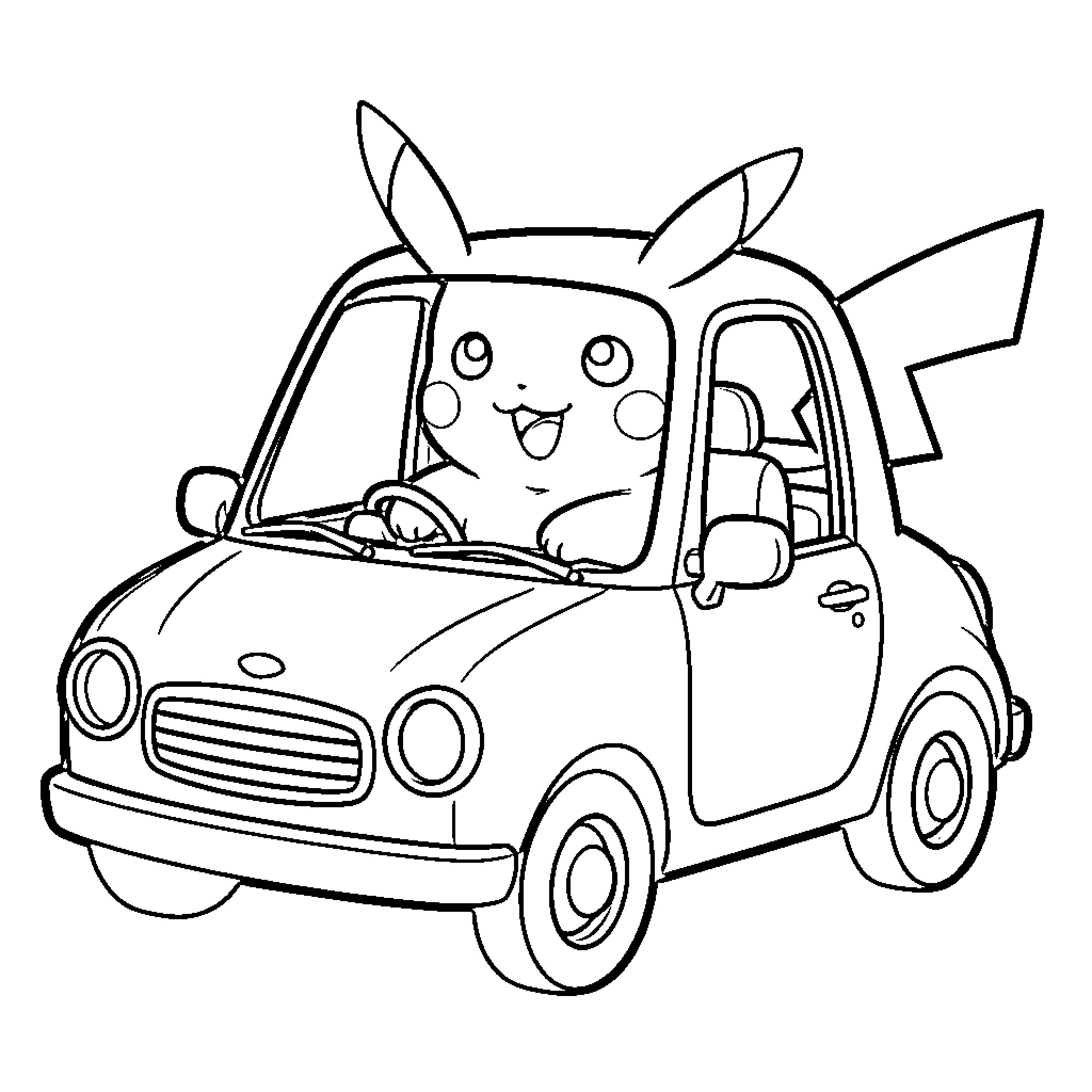 Pikachu driving a small car with a happy expression Coloring Page (free black-and-white line drawing printable PDF for all, from beginners to advanced learners, including children, teens, adults, and seniors)