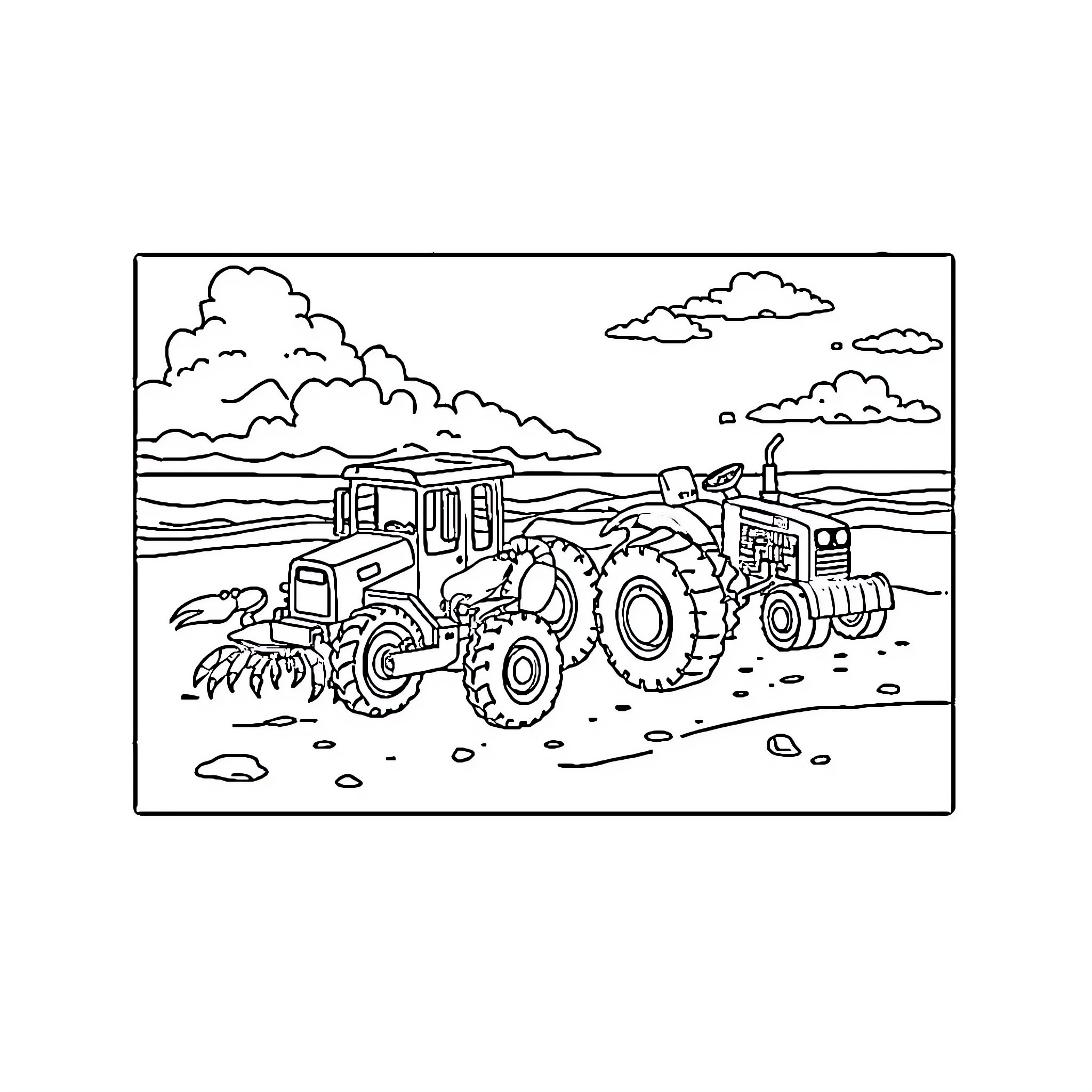Crab-shaped Tractor Plowing Fields Coloring Page (free black-and-white line drawing printable PDF for all, from beginners to advanced learners, including children, teens, adults, and seniors)