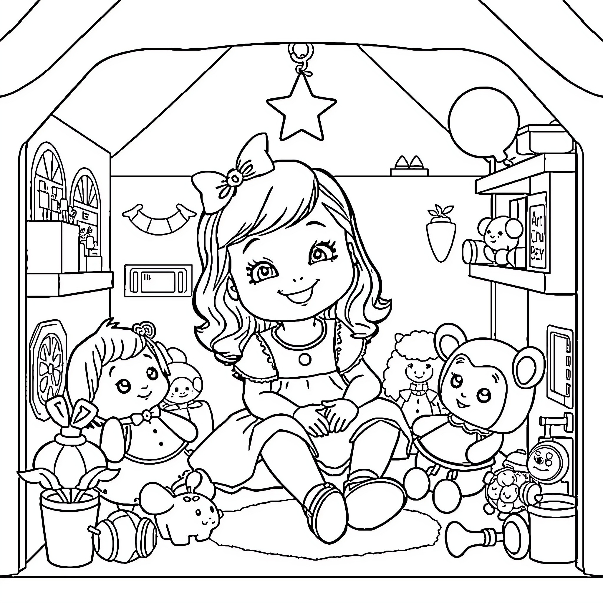 Gabby's Cozy Playroom of Toys and Imagination Coloring Page (free black-and-white line drawing printable PDF for all, from beginners to advanced learners, including children, teens, adults, and seniors)