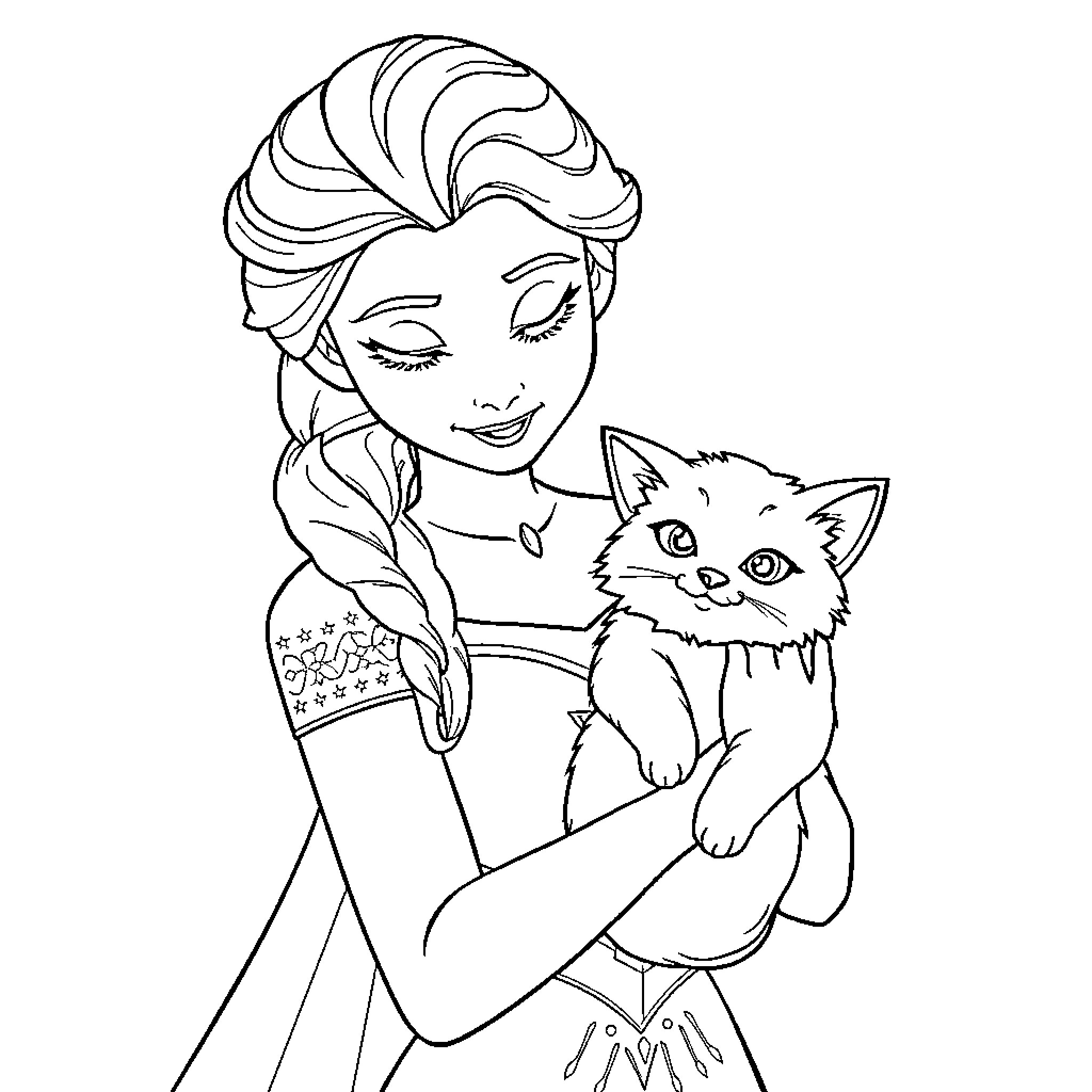 Elsa smiling while holding a cute kitten Coloring Page (free black-and-white line drawing printable PDF for all, from beginners to advanced learners, including children, teens, adults, and seniors)