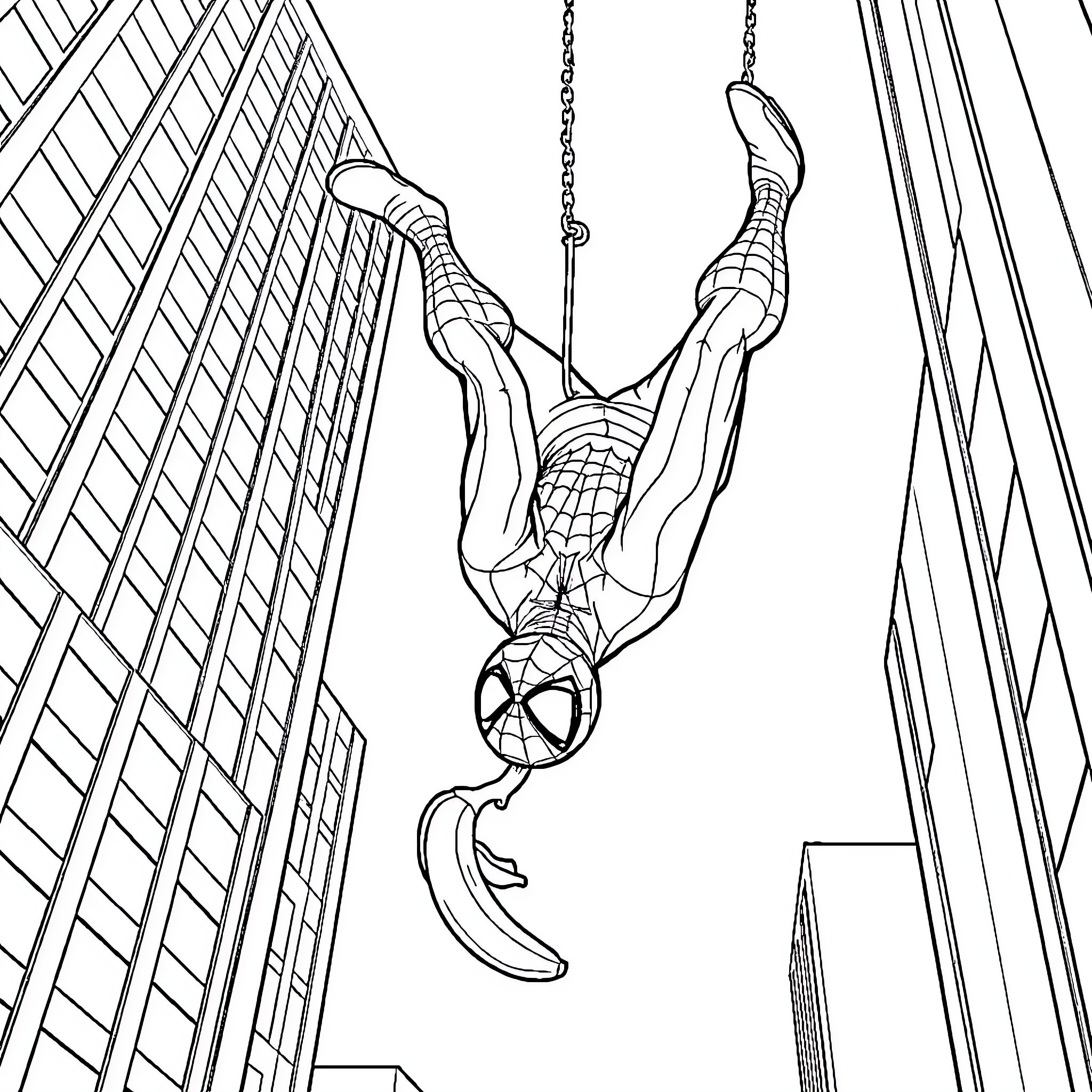 Spiderman swinging through the city skyline Coloring Page (free black-and-white line drawing printable PDF for all, from beginners to advanced learners, including children, teens, adults, and seniors)