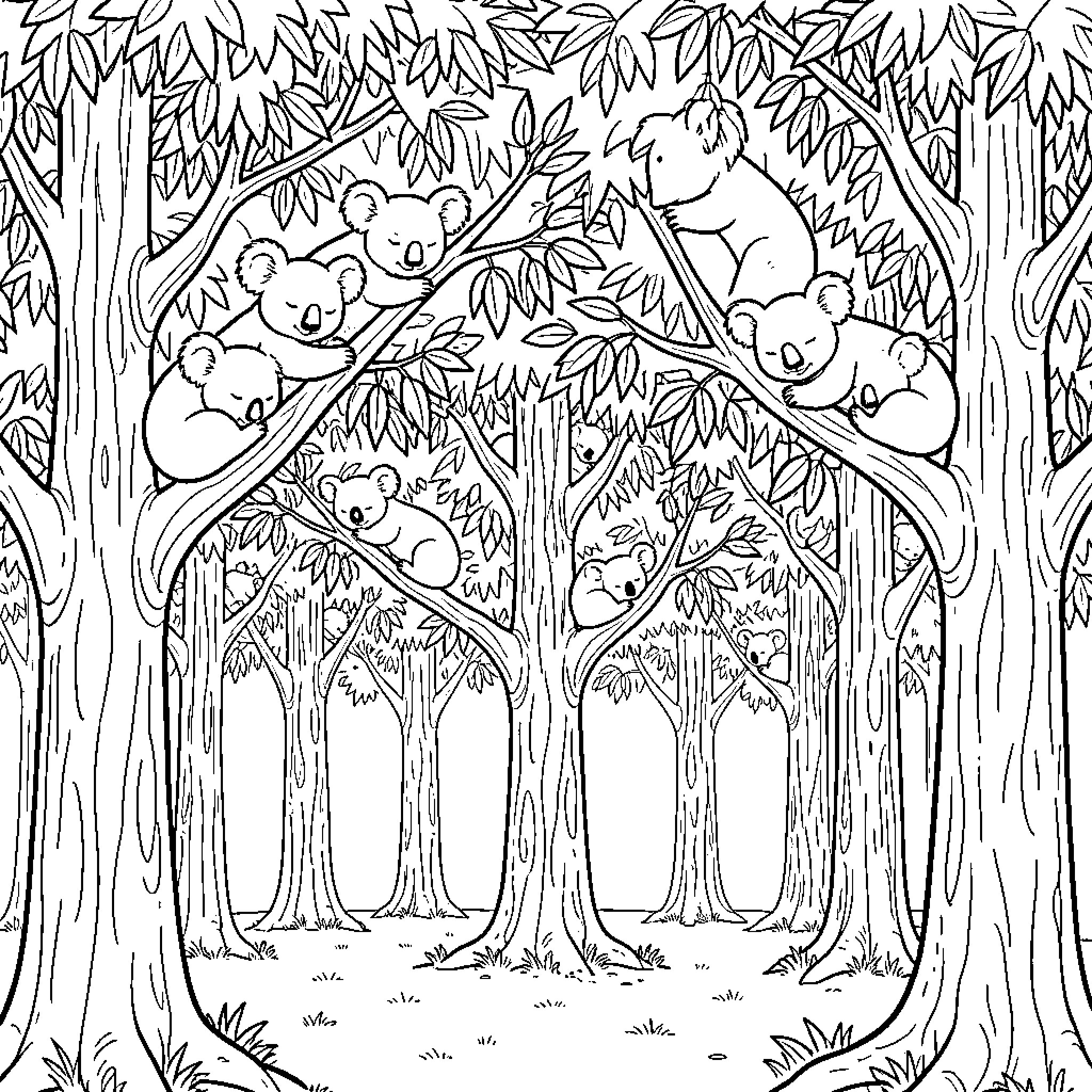 Koala family in the forest Coloring Page (free black-and-white line drawing printable PDF for all, from beginners to advanced learners, including children, teens, adults, and seniors)