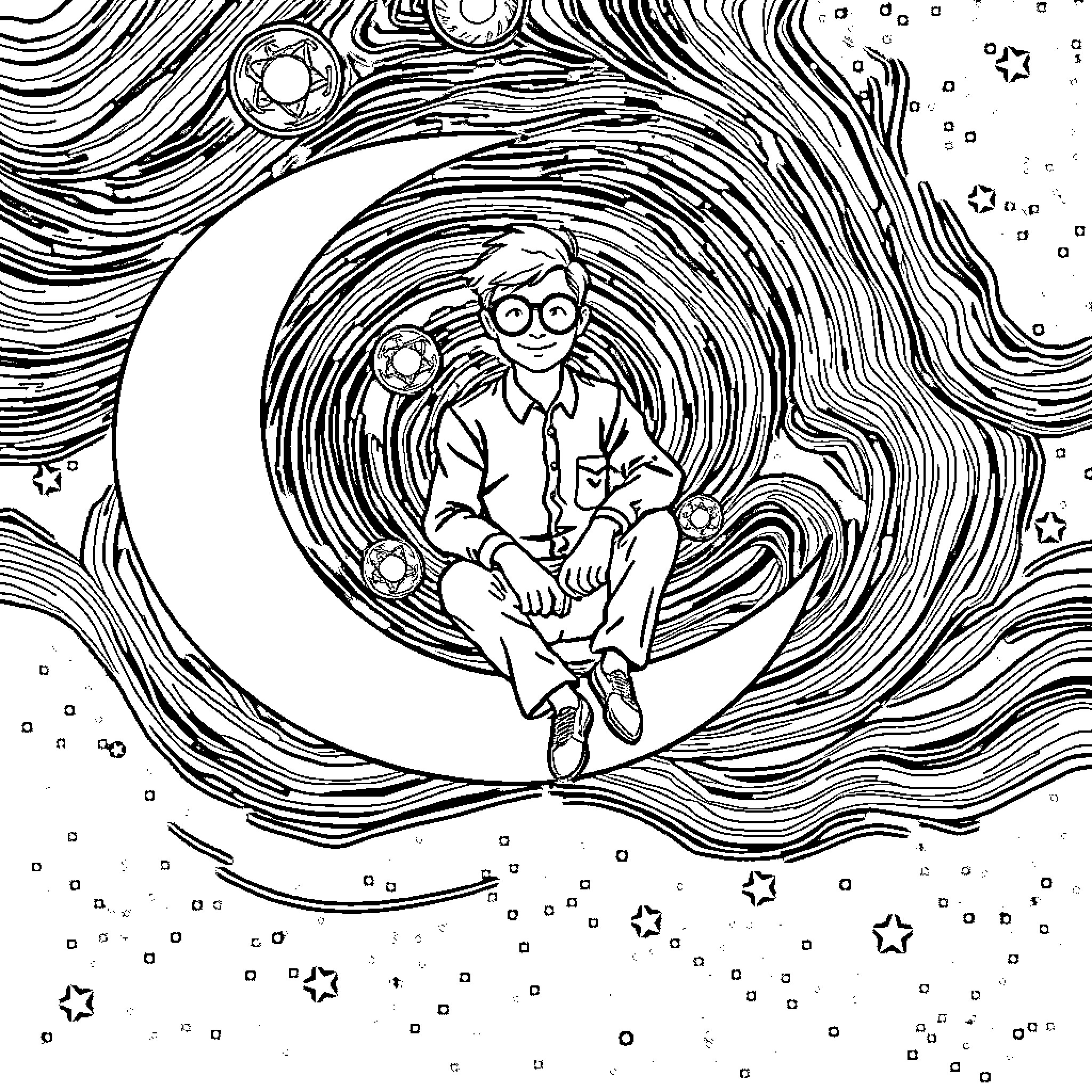 Man in peaceful reverie within cosmic landscape Coloring Page (free black-and-white line drawing printable PDF for all, from beginners to advanced learners, including children, teens, adults, and seniors)
