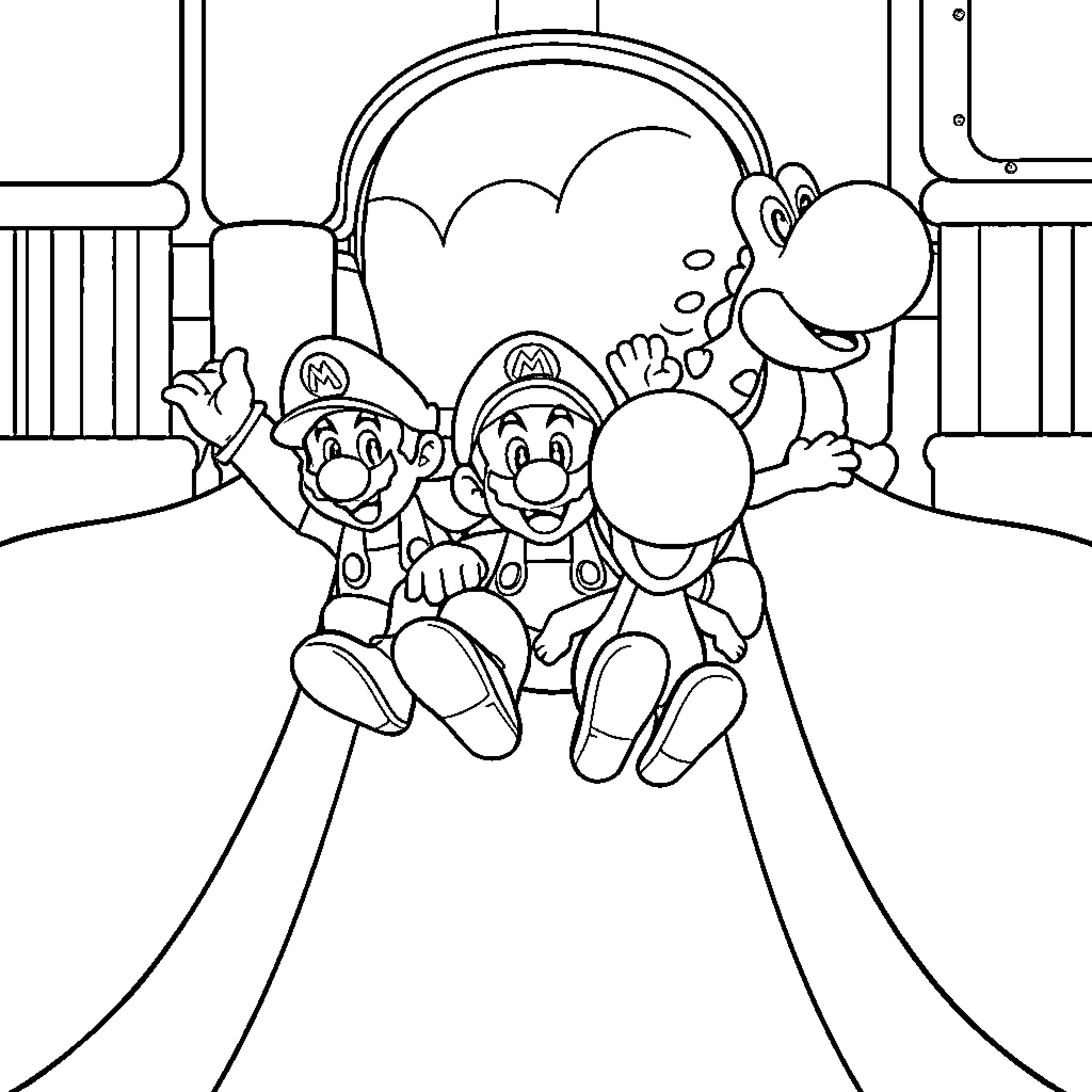 Mario and Friends Enjoying a Thrilling Ride Coloring Page (free black-and-white line drawing printable PDF for all, from beginners to advanced learners, including children, teens, adults, and seniors)