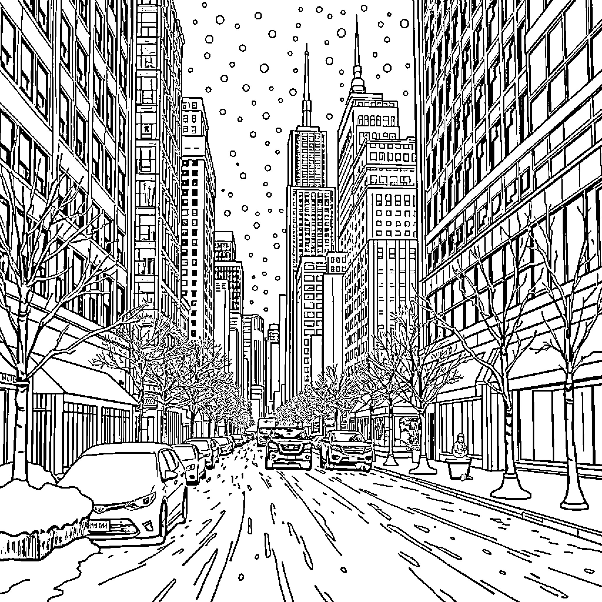 Winter Wonderland in the City Streets Coloring Page (free black-and-white line drawing printable PDF for all, from beginners to advanced learners, including children, teens, adults, and seniors)