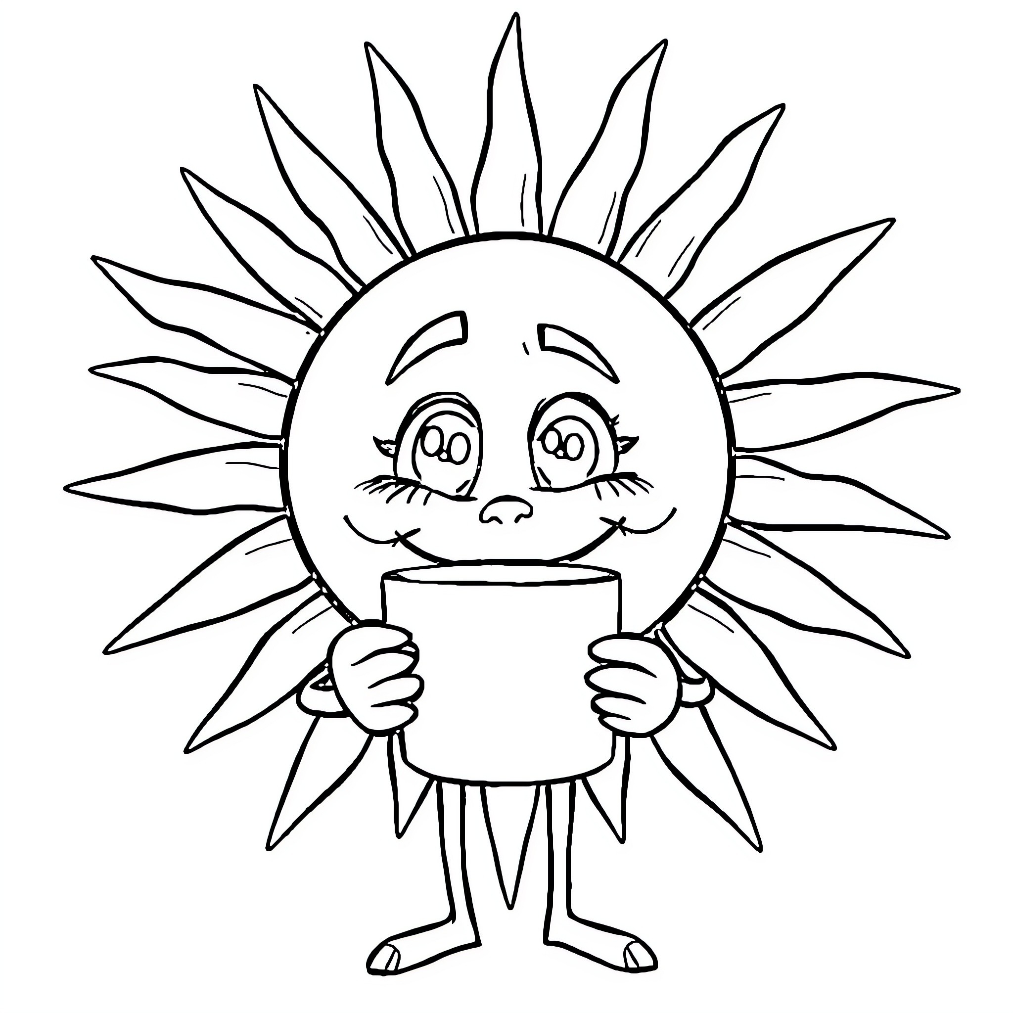 Sun character enjoying a beverage Coloring Page (free black-and-white line drawing printable PDF for all, from beginners to advanced learners, including children, teens, adults, and seniors)
