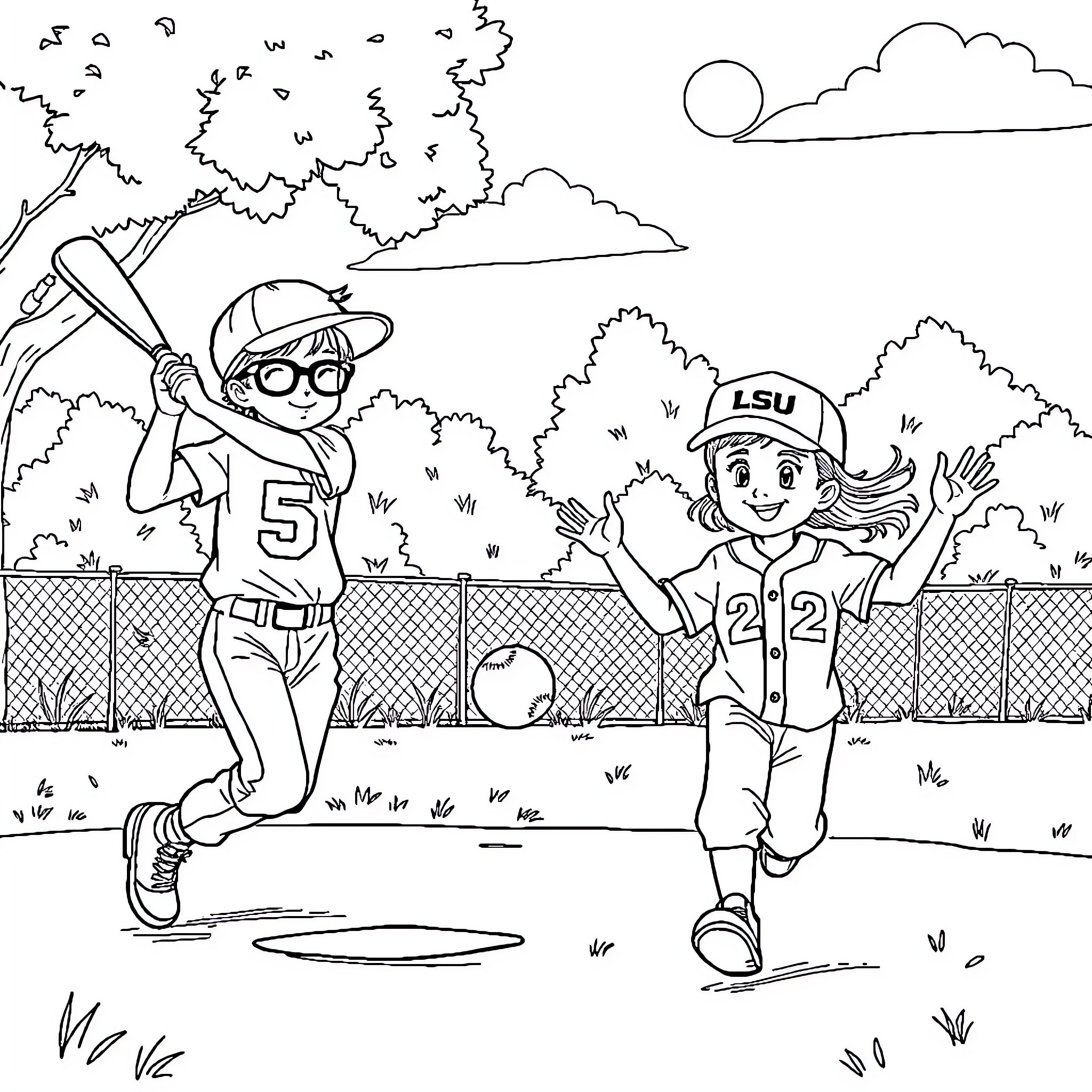 Brother baseball players practice together on the field Coloring Page (free black-and-white line drawing printable PDF for all, from beginners to advanced learners, including children, teens, adults, and seniors)