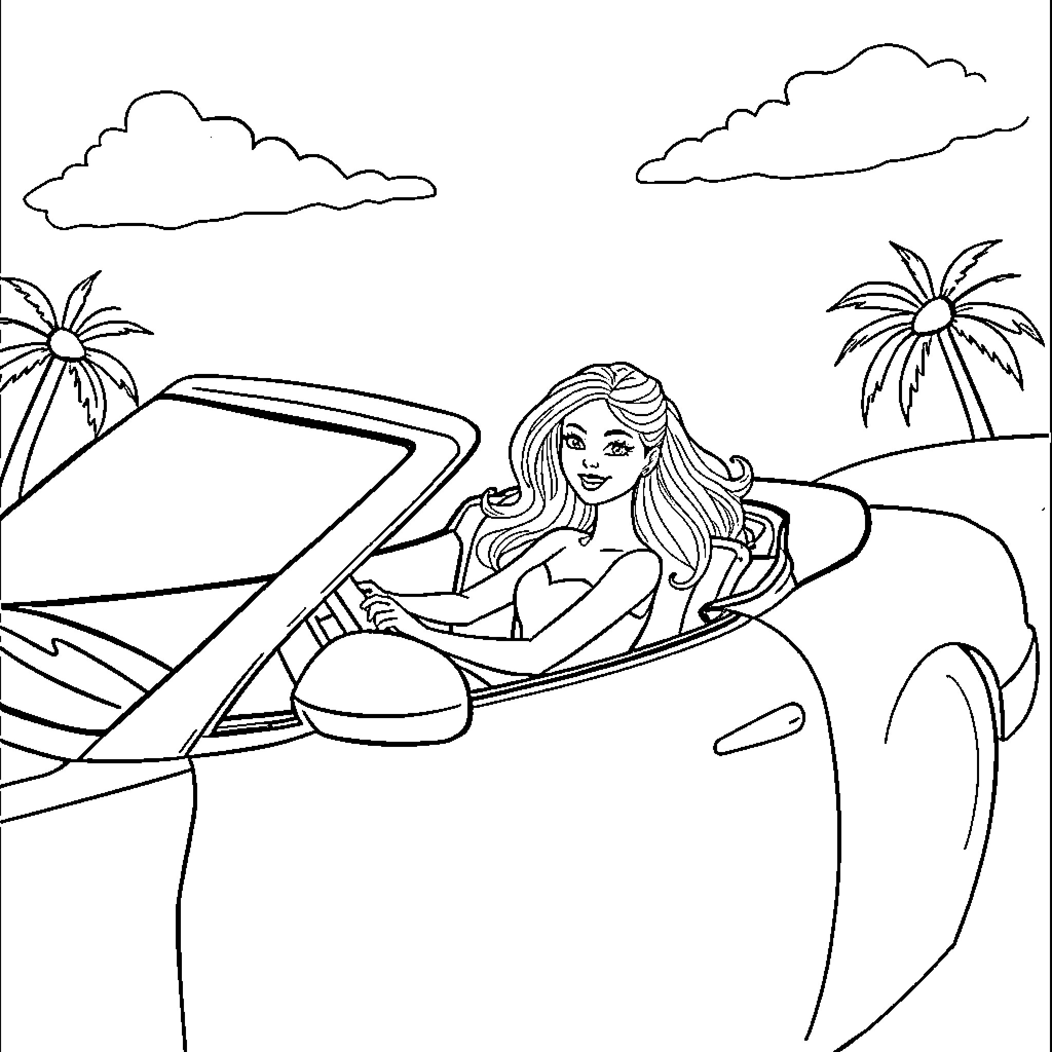 Barbie driving convertible on tropical beach Coloring Page (free black-and-white line drawing printable PDF for all, from beginners to advanced learners, including children, teens, adults, and seniors)